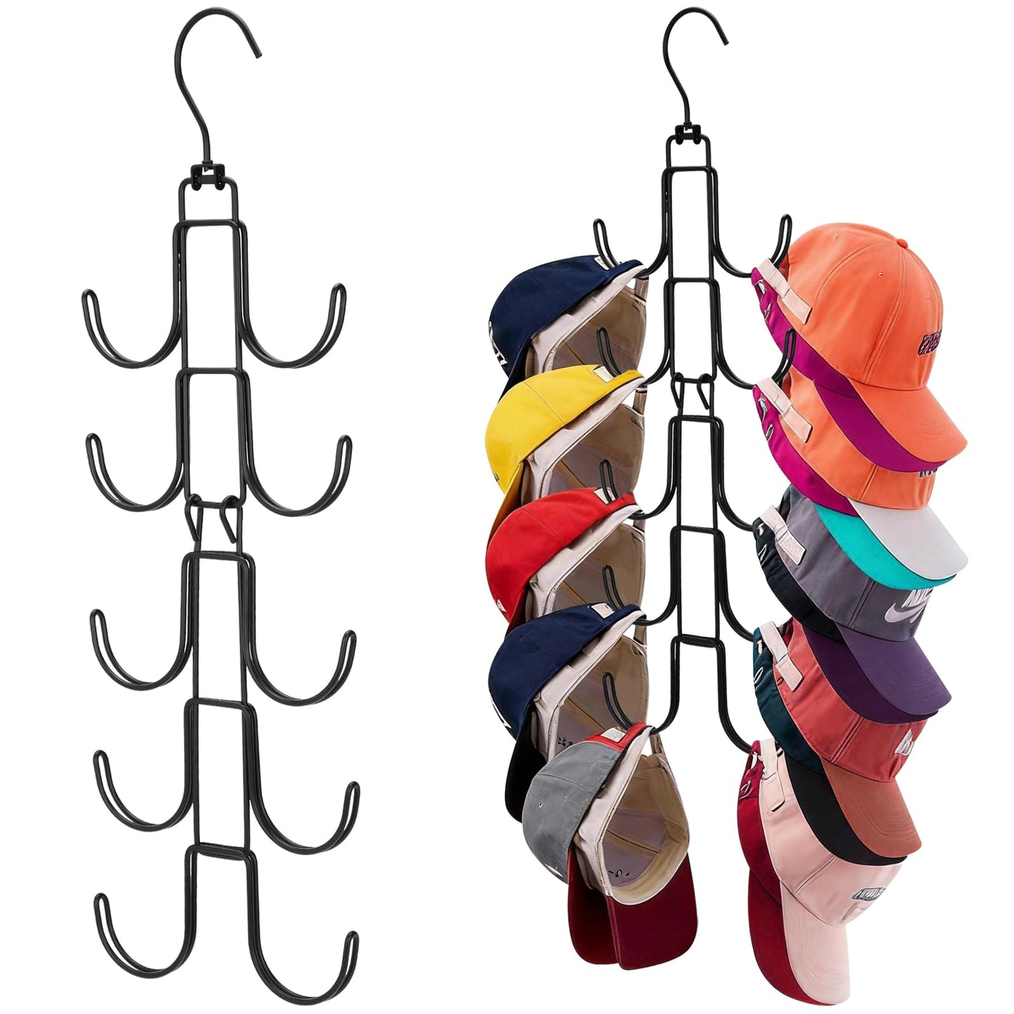 Hat Organizer for Closet, Collapsible Caps Rack with 10 Rotatable Large Hooks, Holds Up to 40 Baseball Caps