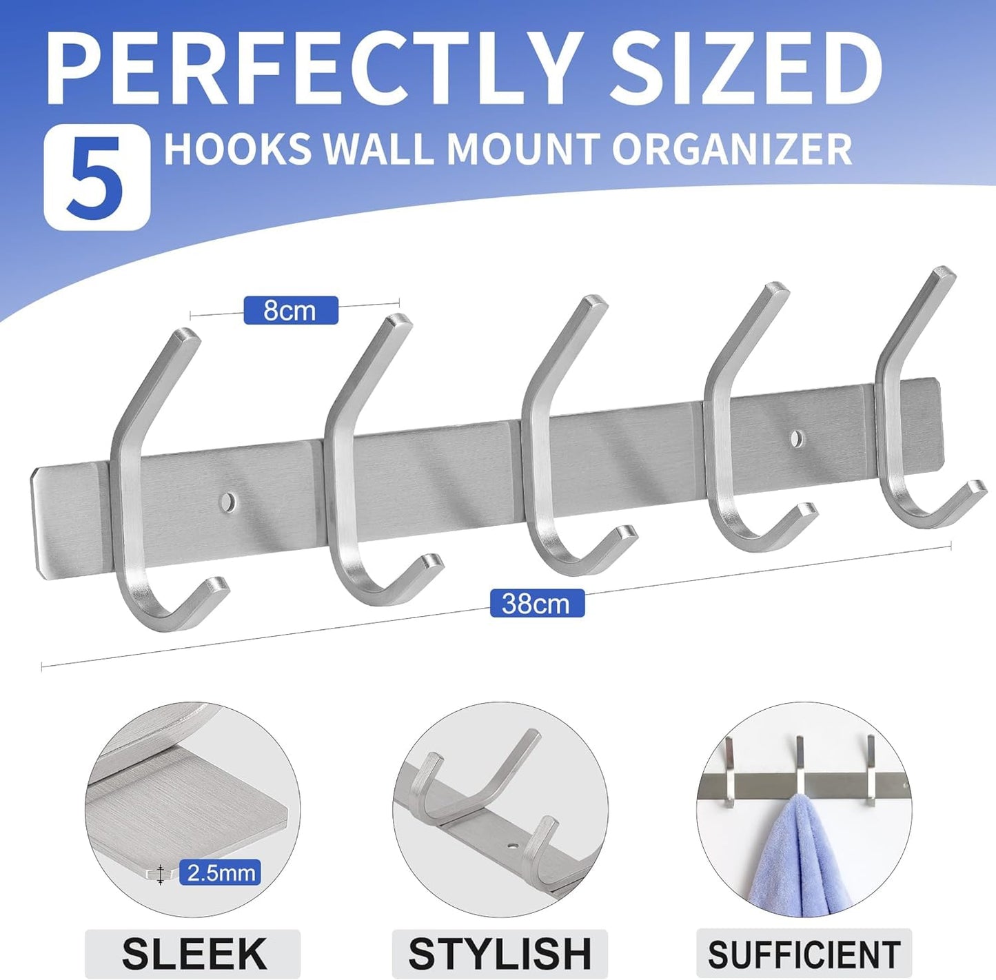 GlazieVault Coat Hooks for Wall - Stainless Steel Coat Racks (2 Pack) - Heavy Duty Coat Hook Wall Mounted