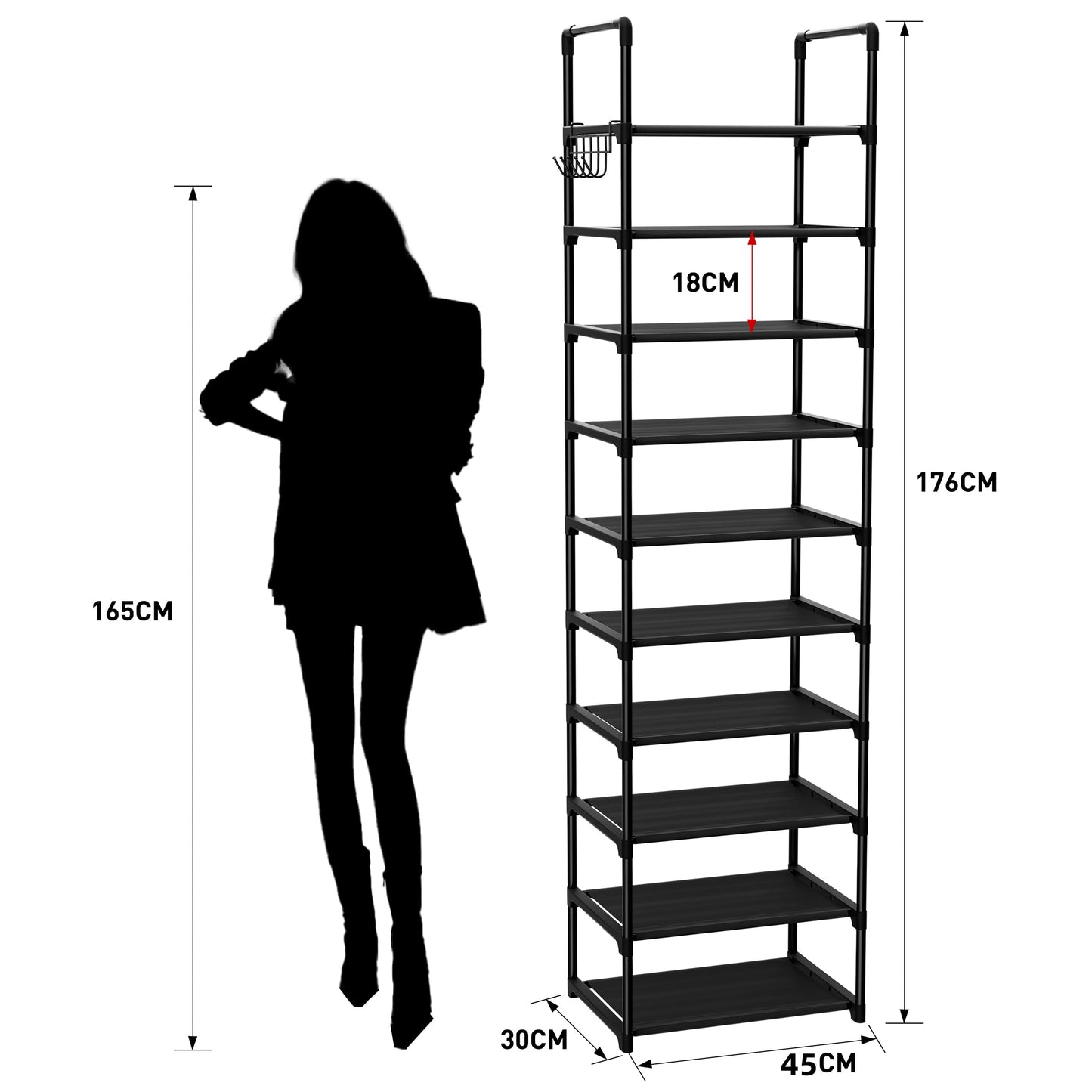 SPUSEN Shoe Rack, 10 Tier Shoe Storage Organizer with Hooks,Fit 20-25 Pairs Shoes,Metal Tall Shoe Shelf for Closet,Entryway,Garage,Bedroom,Cloakroom