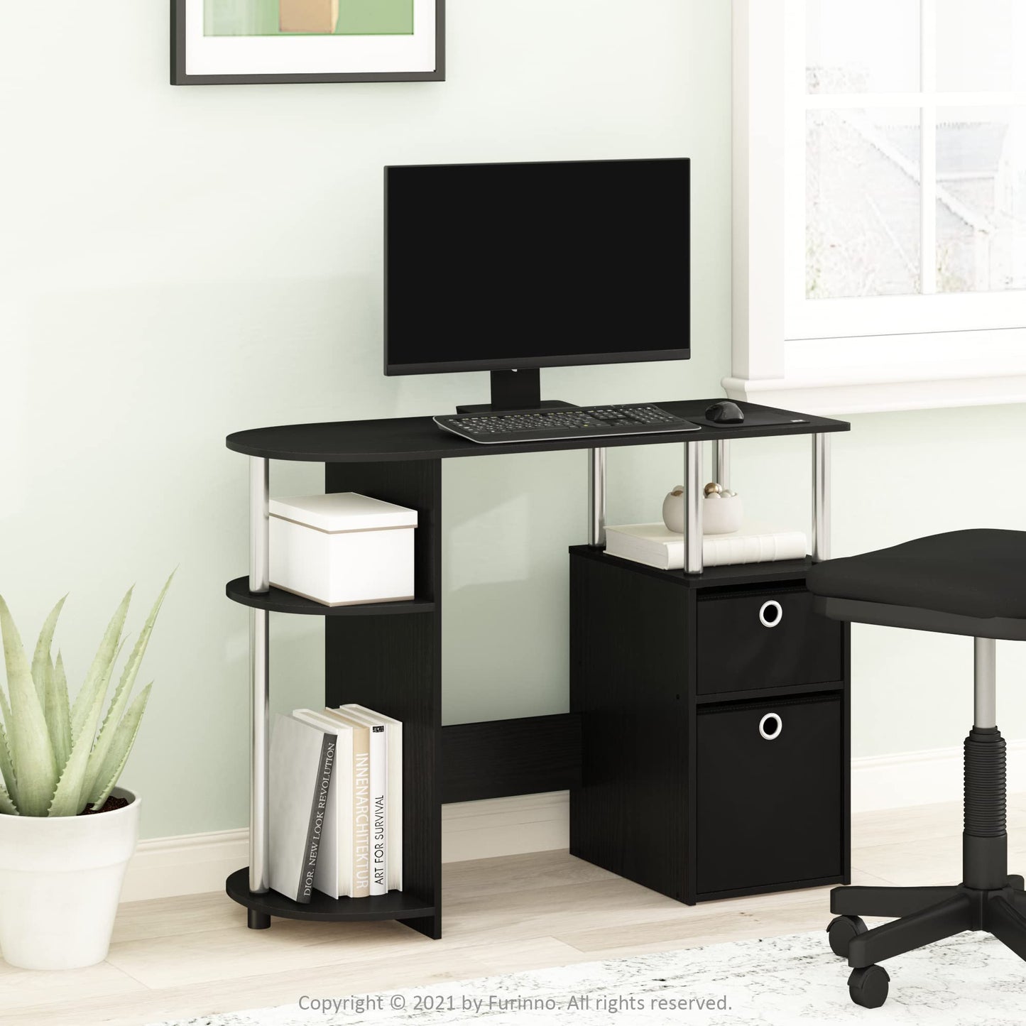 Furinno JAYA Desk, Gaming Desk with Bin Drawers, Computer Study Desk, Office Desk for Home Office, Bedroom, Dorm, Study Room, Americano