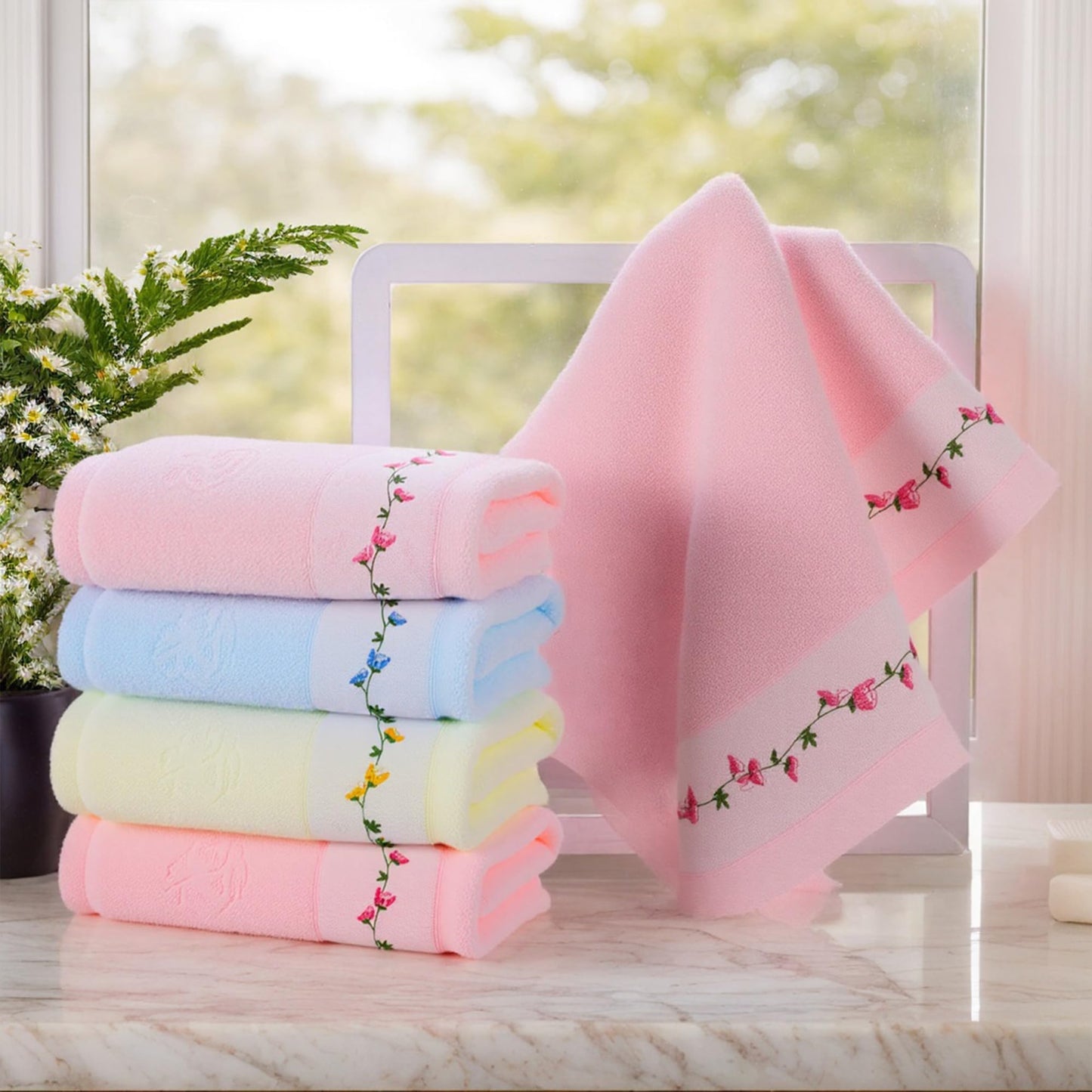 HMETOL Soft Absorbent Floral Embroidered Hand Towels for Bathroom Kitchen