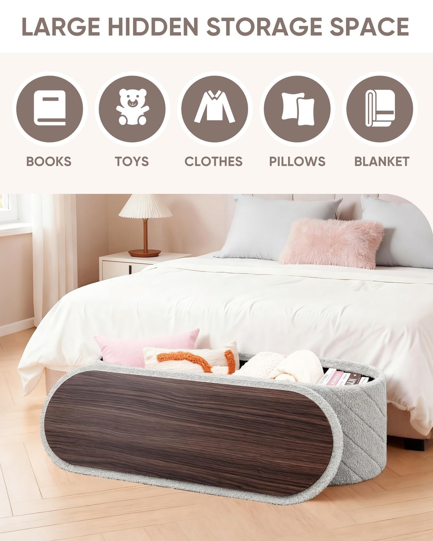 Bonlife Oval Ottoman with Storage Bench, Folding Foot Rest with Lid, Boucle End of Bed Bench,Foostool for Living