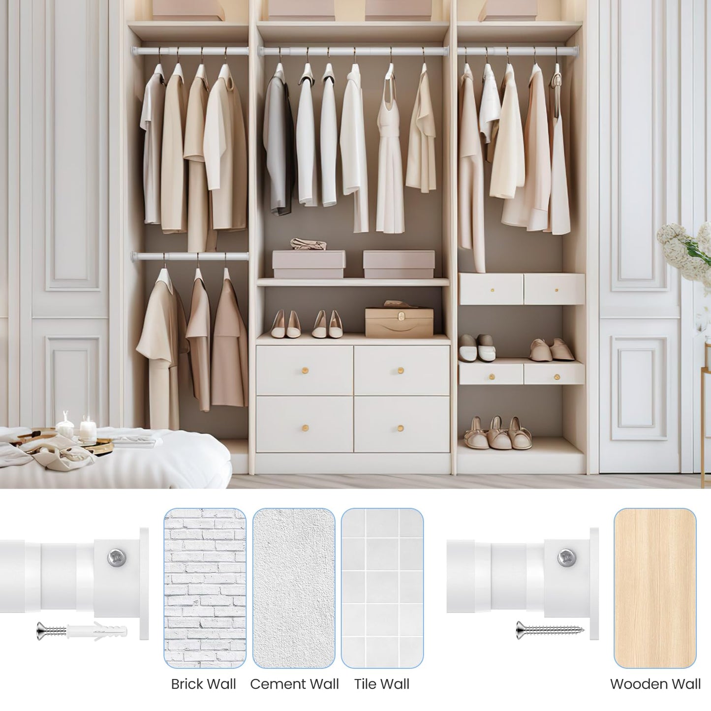 Ruiony Wardrobe Rail, 43 to 135 CM Heavy-Duty Stepless Adjustable Wardrobe Hanging Rail, 3.3 CM Diameter Metal Wardrobe Pole for Wardrobes