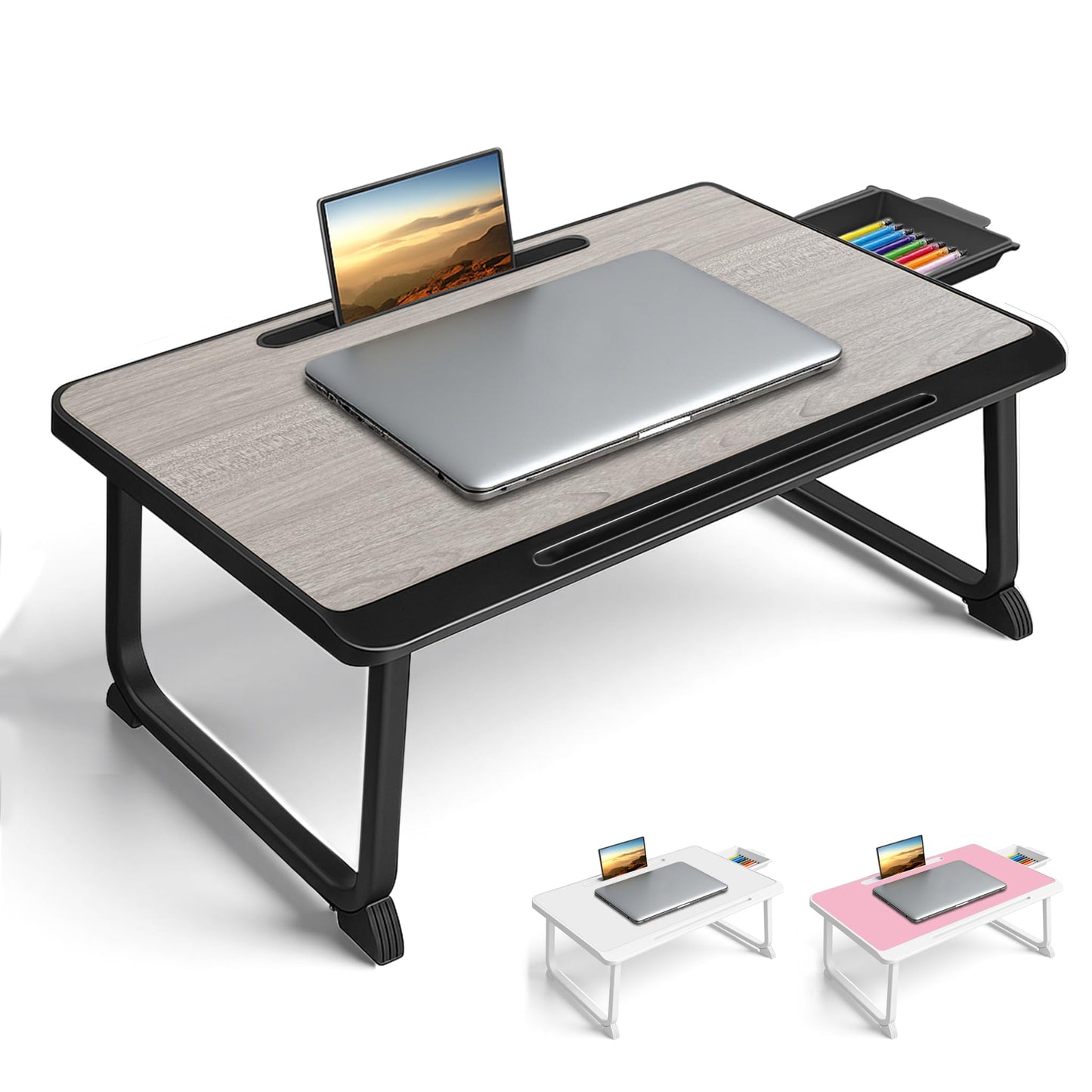 Lap Desk, Bed Table with Drawer, for Laptop, Reading, Writing, Eating & Watching Movies on Bed, Sofa, or Floor, Office and Home (Grey)