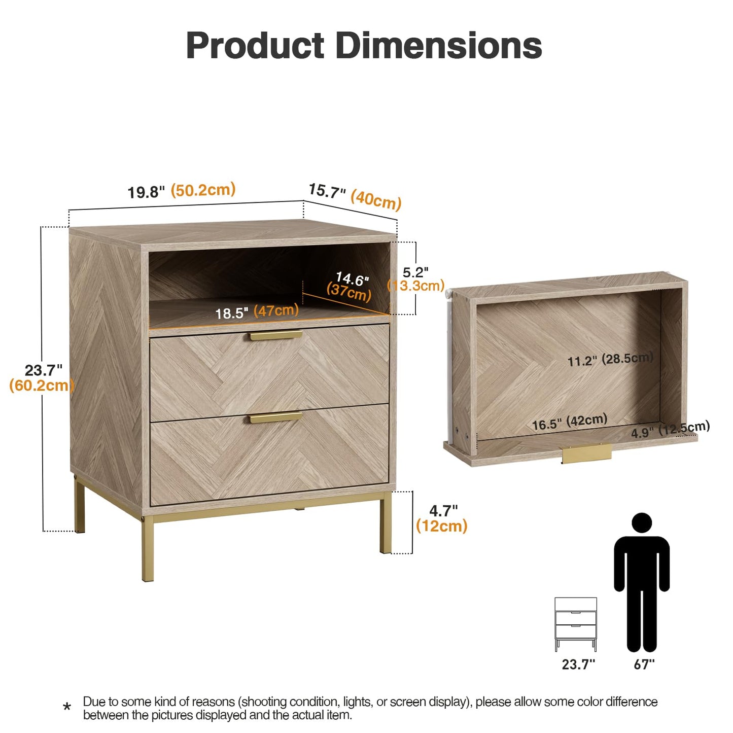 Skokliz Bedside Table with2 Drawers and Storage Shelf, Nigntstand for Bedroom, Wood End Table for Living Room, Small spaces, oak
