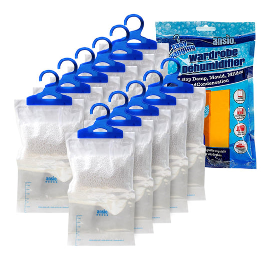 ANSIO? Wardrobe Dehumidifier Disposable Hanging Bags Pack of 12 Room Moisture Absorber Condensation Remover for Damp, Mould in Home, Bathroom, Window,