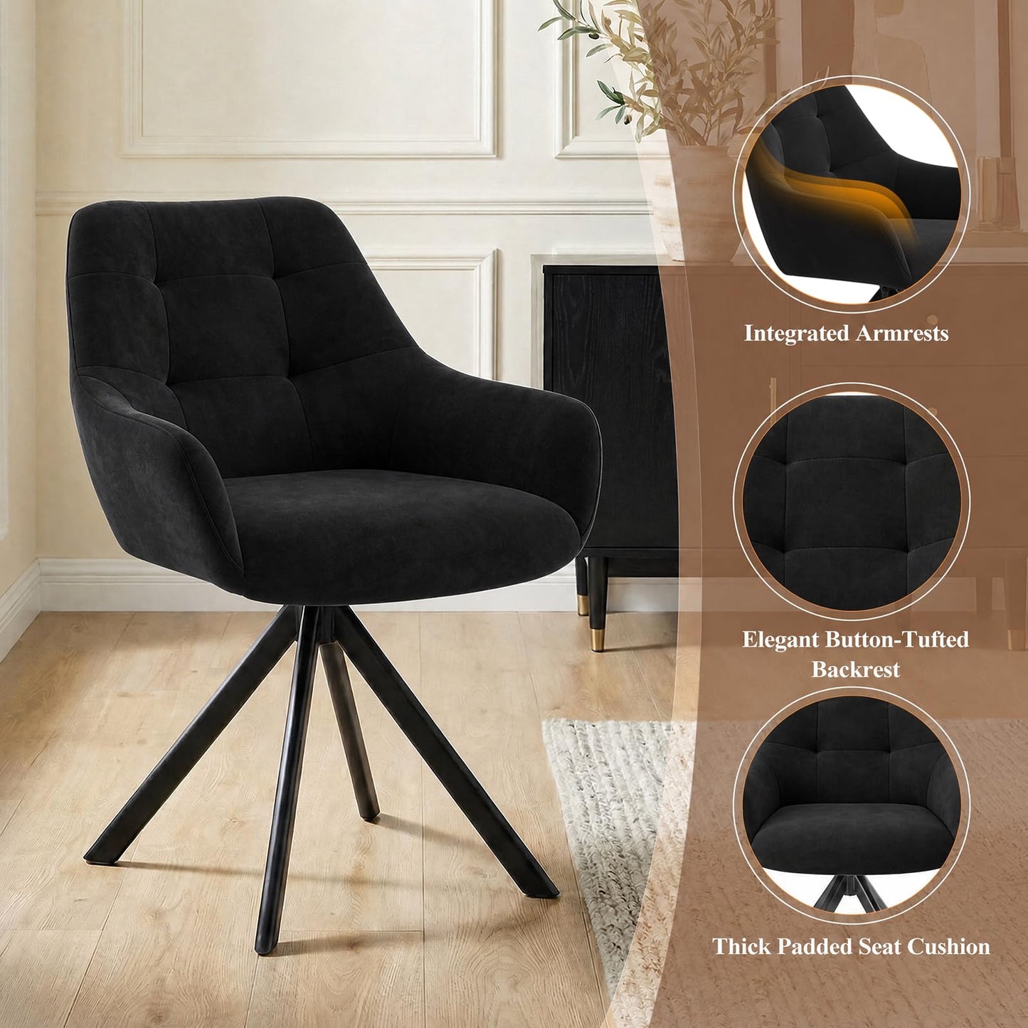 COLAMY 360° Swivel Dining Chairs Set of 4 with Sturdy Metal Base – Luxury Velvet Upholstered Kitchen Chairs with Thick Padded Seat