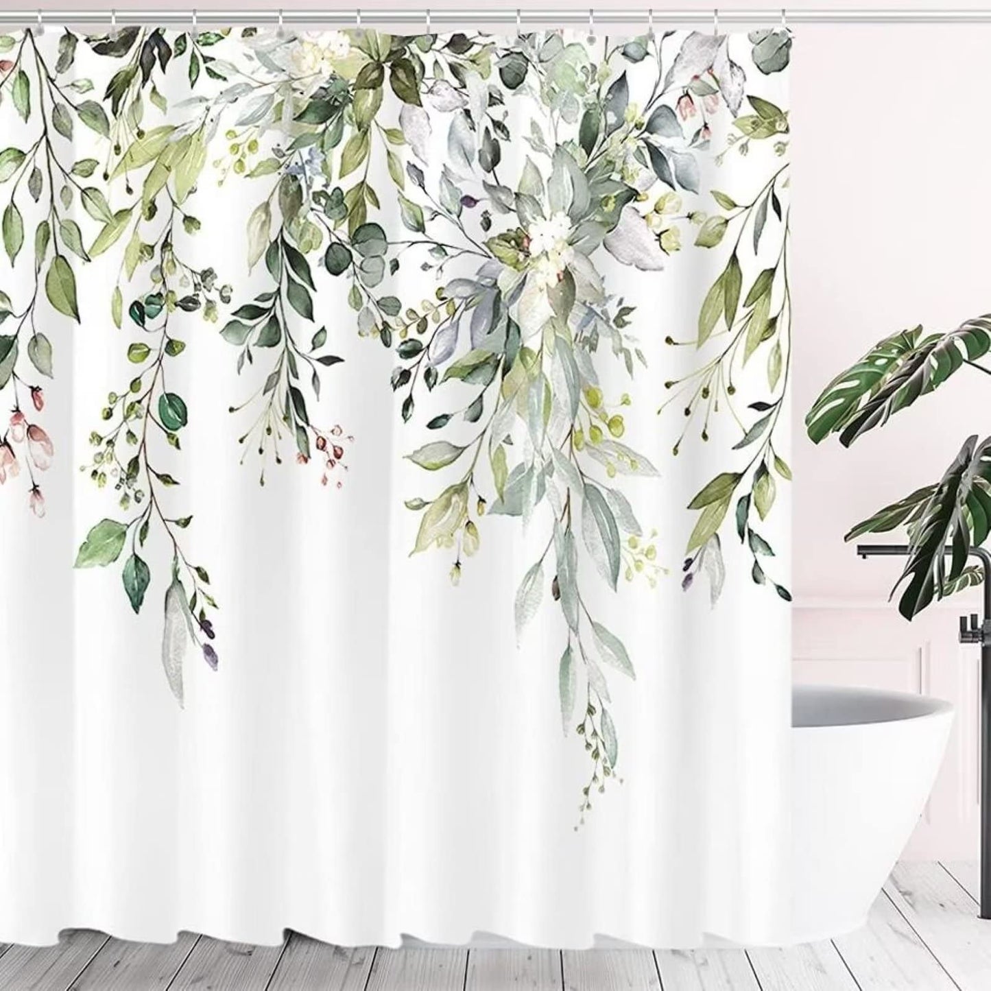 Ezmine Floral Shower Curtain Waterproof Plant Bathroom Decoration Leaves Washable Bathroom Curtain Decor Quick-Drying Shower Curtain with 12 Hooks