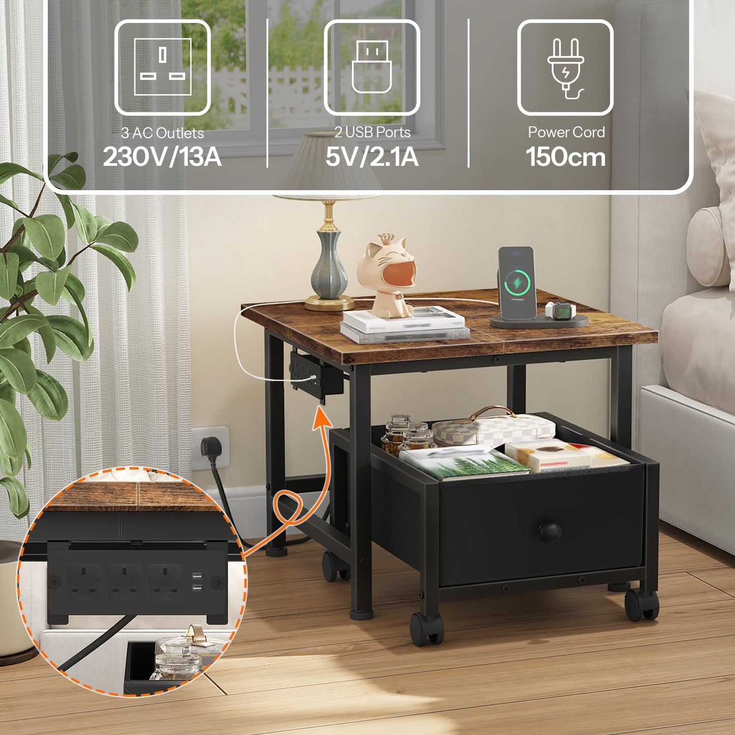 HOOBRO Mini Fridge Stand with Storage Basket and Power Outlet, Mini Fridge Cabinet with Wheels and Adjustable Feet, Mobile Fridge Shelf, for Home
