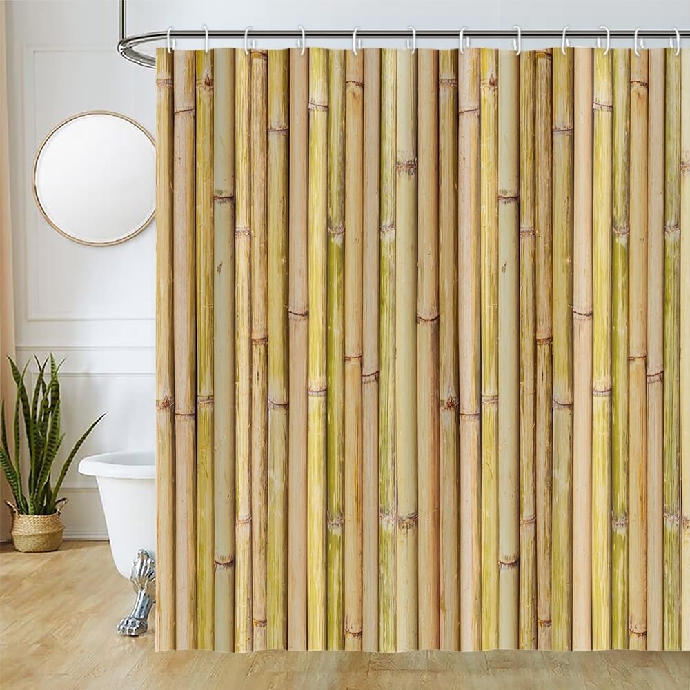 Uiiooazy Bamboo Shower Curtain, Zen Yellow Bamboo Stems Oriental Theme Bath Curtain Mildew and Mould Resistant Waterproof Polyester Fabric Washable
