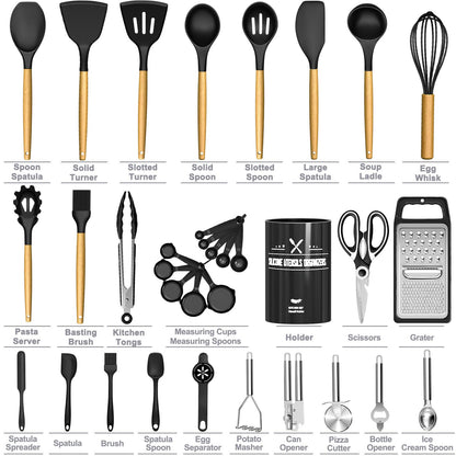 Kitchen Utensils Set - 34PCS Silicone Cooking Utensils with Holder, Heat Resistant, Nonstick Cookware Tongs Spatula Spoon Set, Wooden Handles Kitchen