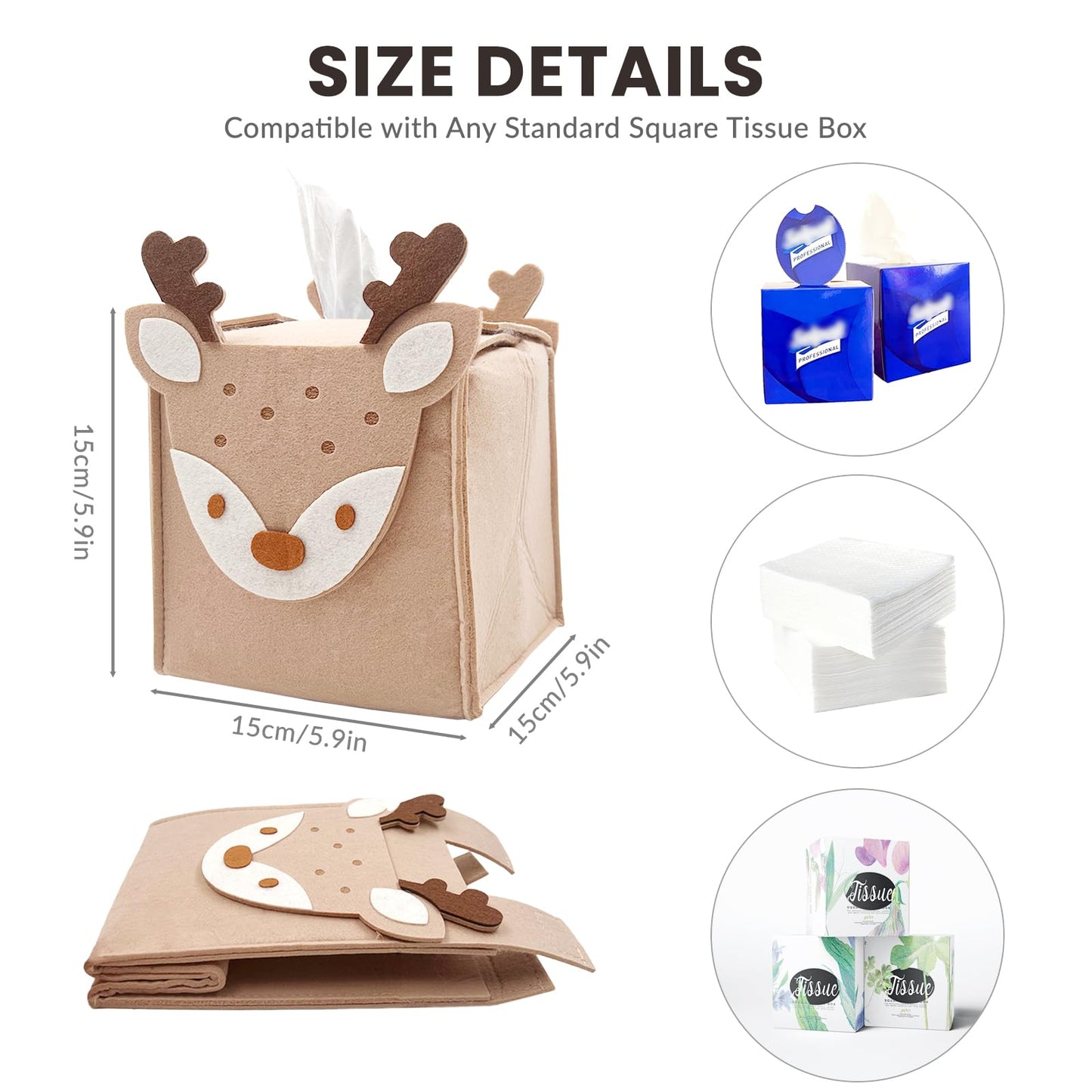 Daily Treasures Cute Deer Square Tissue Box Cover,Refillable Felt Tissue Box Holder with Hook And Loop Fasteners,Unique Tissue Storage Organizer