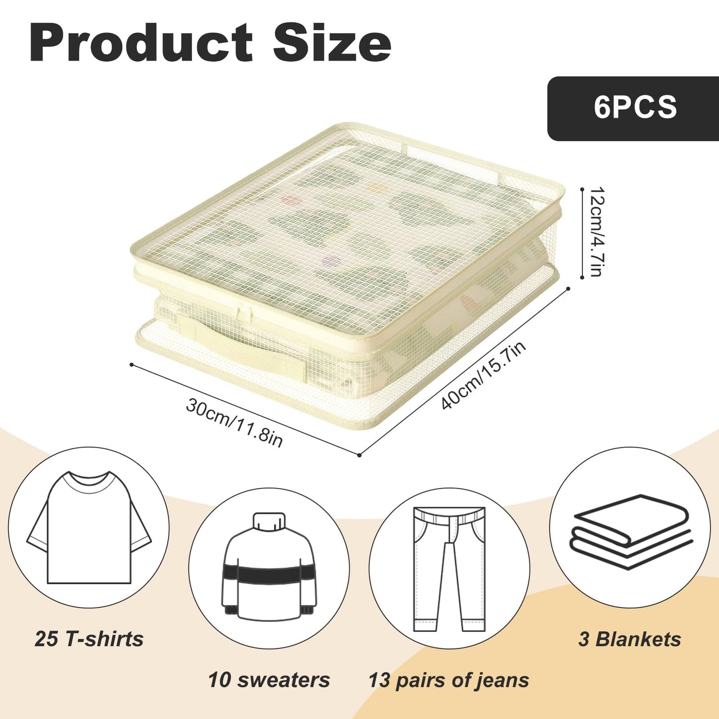 6-Pack PVC Mesh Storage Bags with Handles, Clear Zippered Organizer for Clothes, Sweater, Blanket, Bed Sheets, 30x40x12cm
