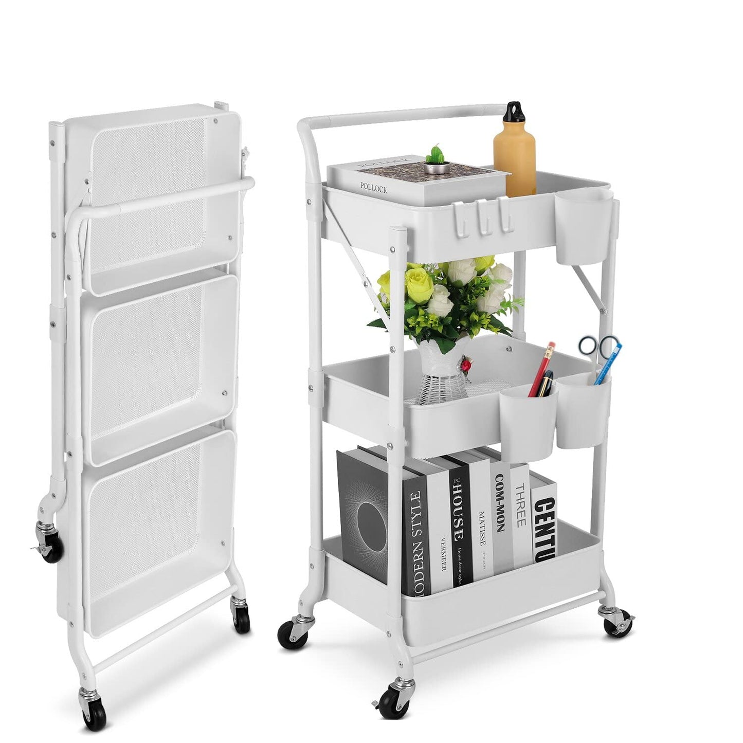 johgee Foldable 3 Tier Metal Utility Rolling Cart, Folding Mobile Multi-Function Storage Trolley Organizer Cart for Home Library