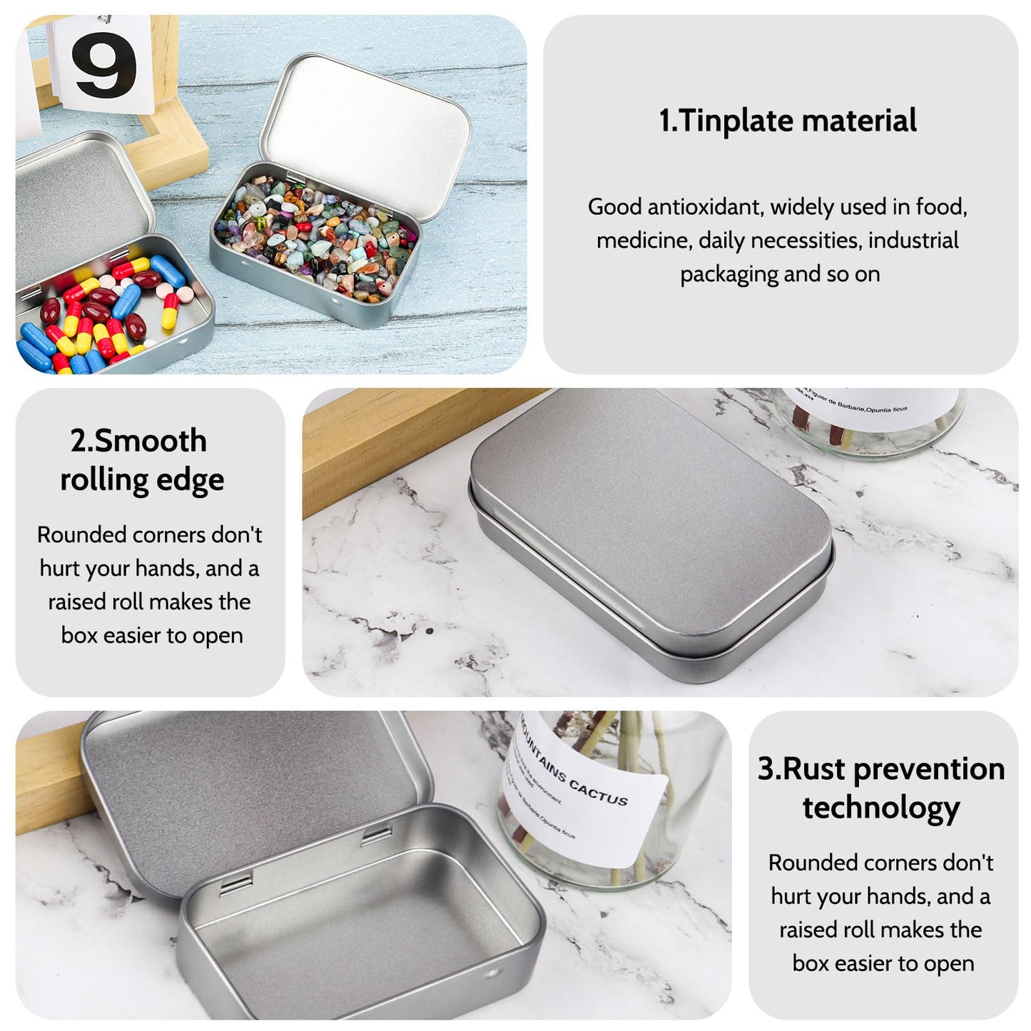 RVLZKCPG Pack of 10 Silver Rectangular Metal Tins with Lid, Portable, Water Resistant, Industrial Style Storage Box, 9.5 x 6 x 2.1 cm
