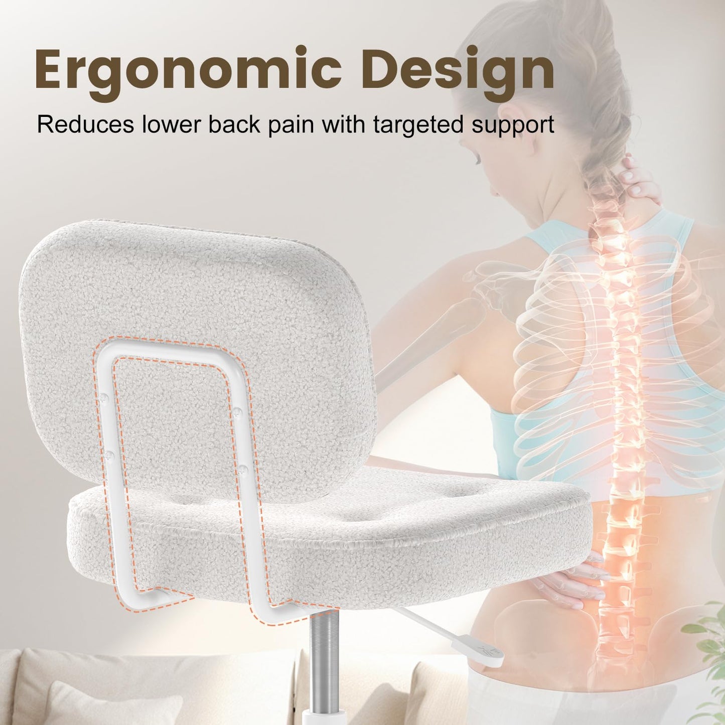 AnyGod Armless Desk Chair, Adjustable Swivel Task Seat, White Teddy-Fleece