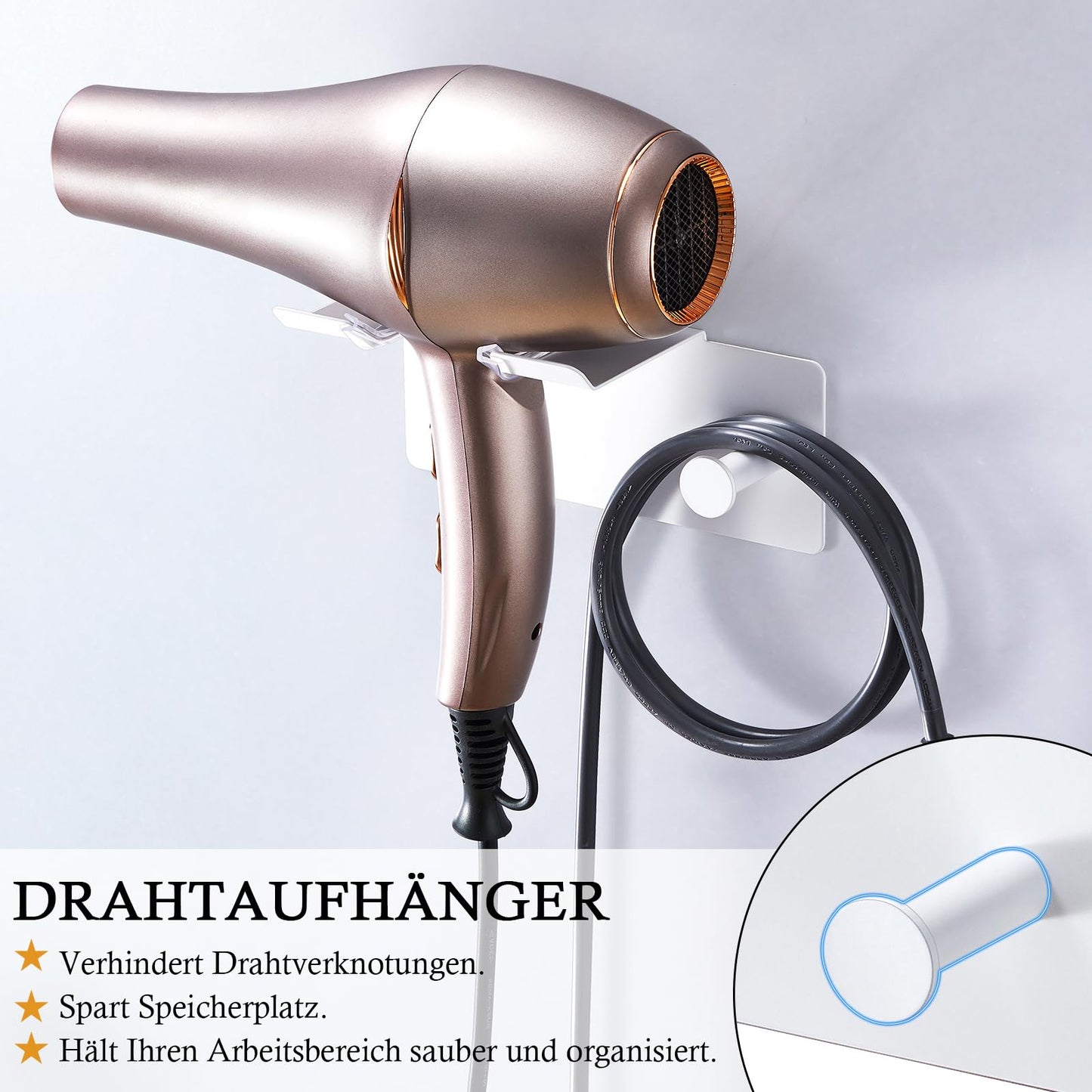 Hair Dryer Holder Wall Mount, Hairdryer Holder for Bathroom, Stainless Steel Blow Dryer Rack Adhesive Hairdryer Organizer Station with Cable Storage