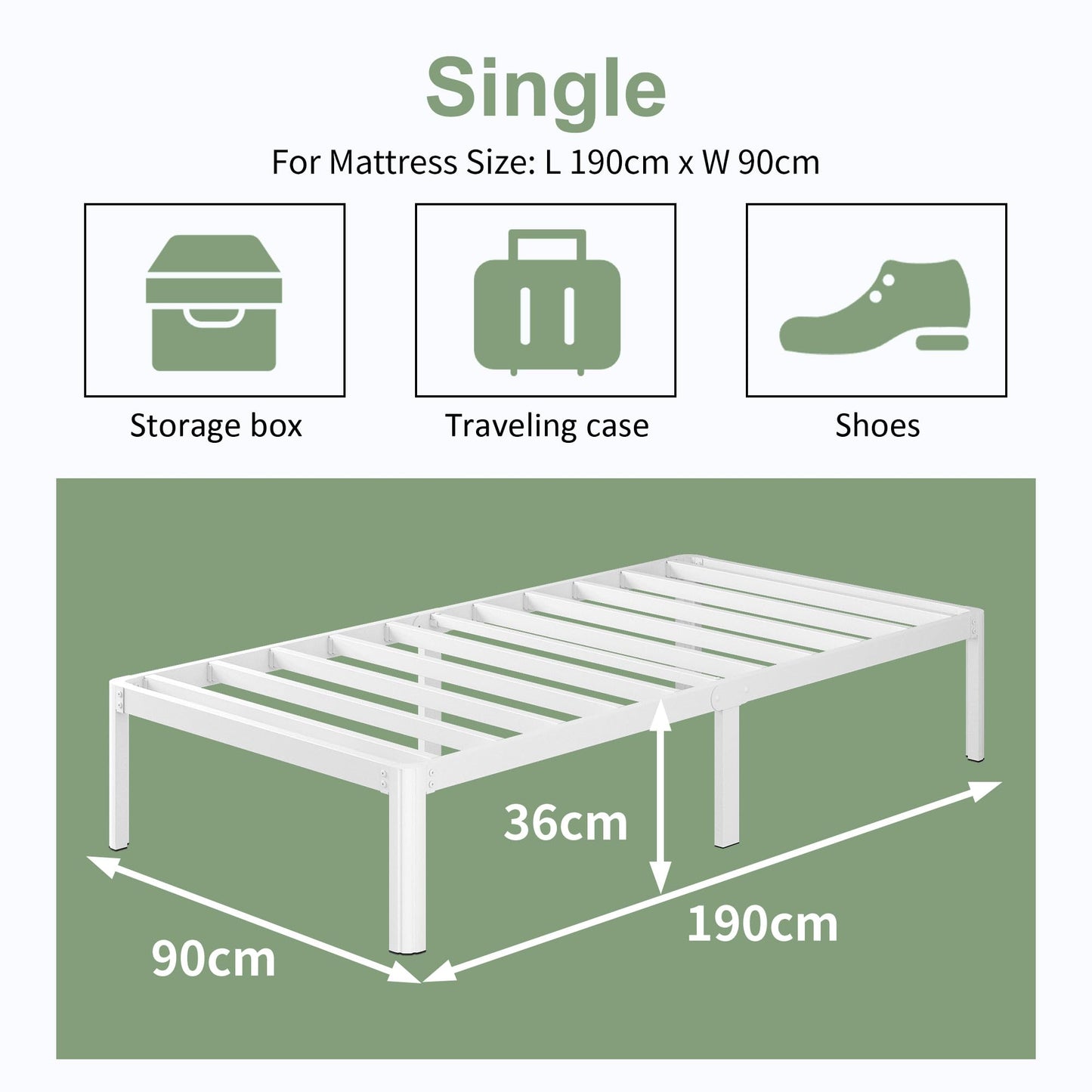 Lutown Teen 3ft Single Bed Frame with Rounded Corner Legs, Heavy Duty White Metal Bed Frame with Steel Slats Support, 36 cm High, Noise Free, Easy