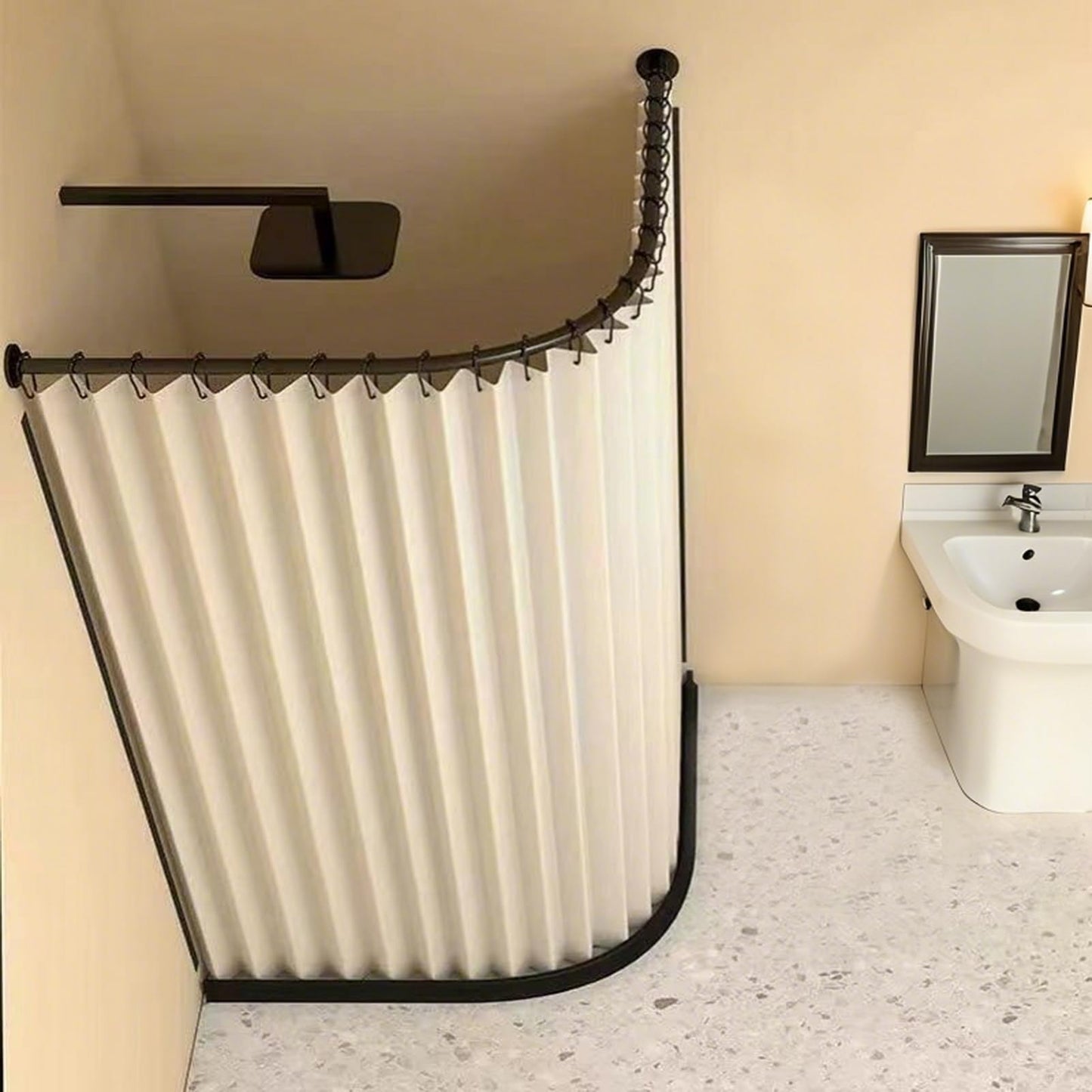 Momooda Waterproof Magnetic Fabric Shower Curtain with Hooks, Folidng Washable Bathtub Corner Anti Mould Shower Curtains for Bathroom, 230gsm, Beige
