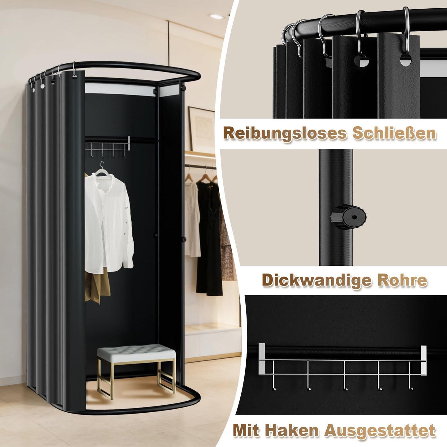LXSEHN Clothing Store Changing Room, U-Shape Mobile Fitting Room, Black