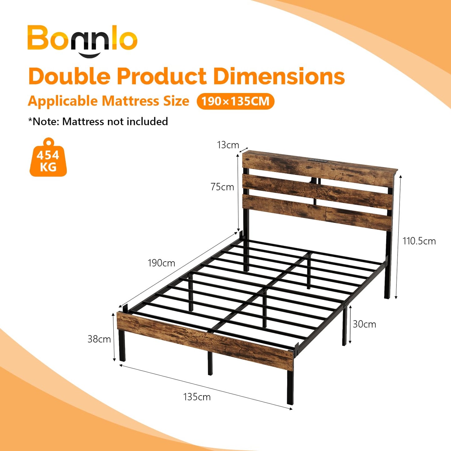 Bonnlo 4ft6 Double Bed Frame with Storage Headboard & LED Lights, 135x190cm, Metal Bed Frame with Charging Station (USB/Type-C/2 Outlets)
