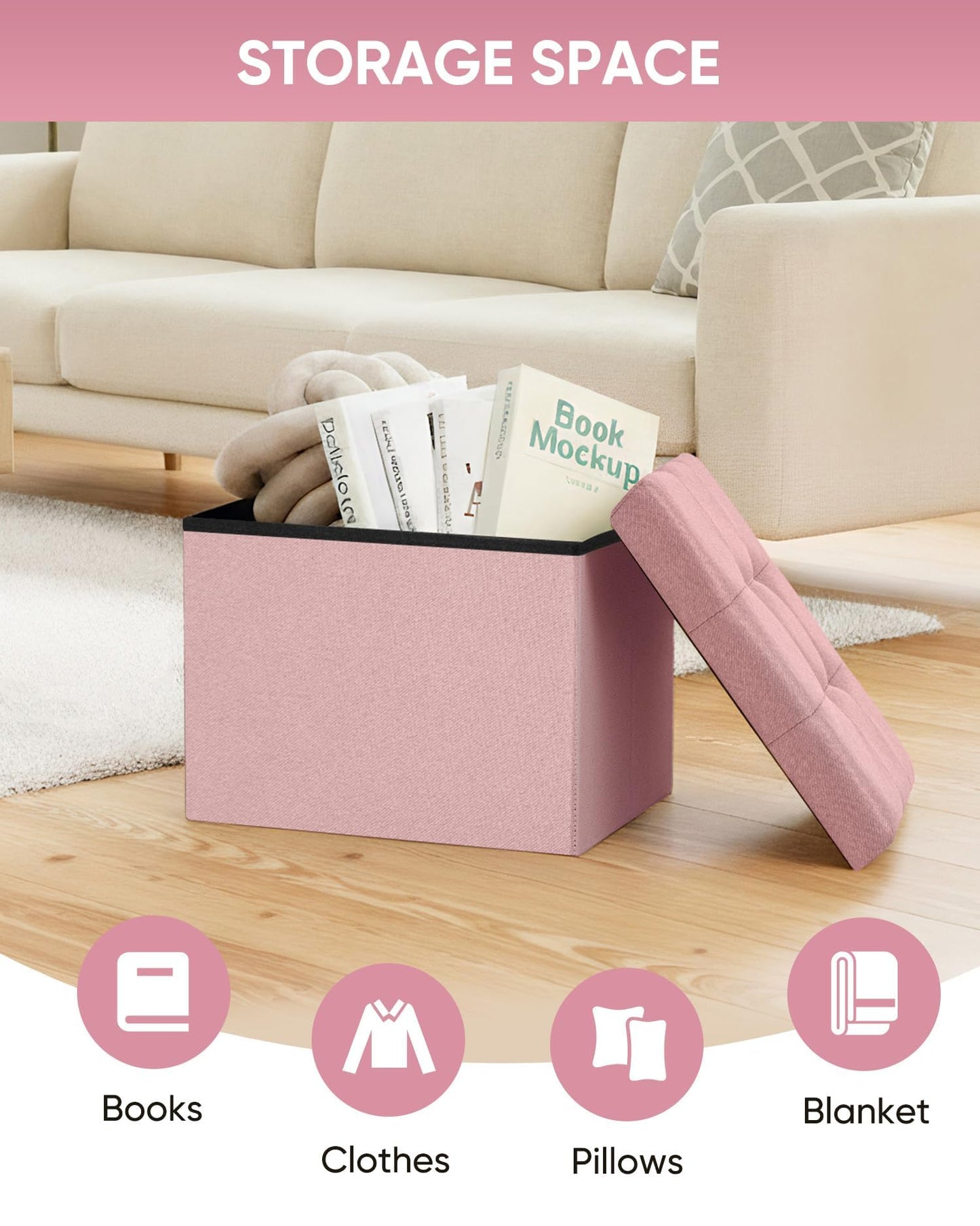 Bonlife Storage Ottoman, Folding Small Foot Rest,Toy Chest Storage Footrest Seat, Footstool for Living Room, Bedroom, Dorm, Fabric,Pink,42x32x32cm