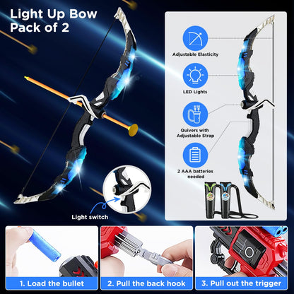 VATOS 2 Pack Archery Set for 5-11 Year Old Boys & Girls, Light Up Bow & Arrow Toy with Cup Suction Target & 29 IN Dart Board, Indoor/Outdoor Activity