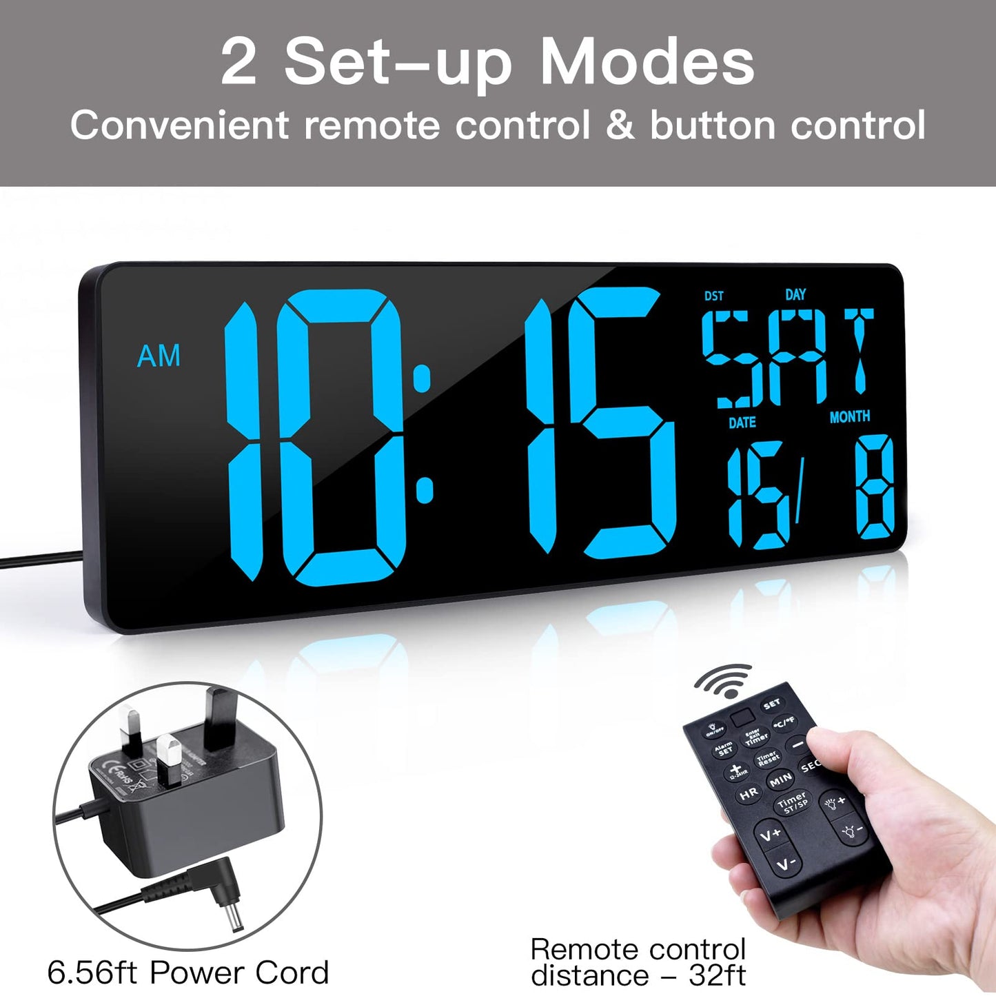 XREXS Large Digital Wall Clock with Remote Control, 16.5 Inch LED Large Display Count Up & Down Timer, Adjustable Brightness Alarm Clock with