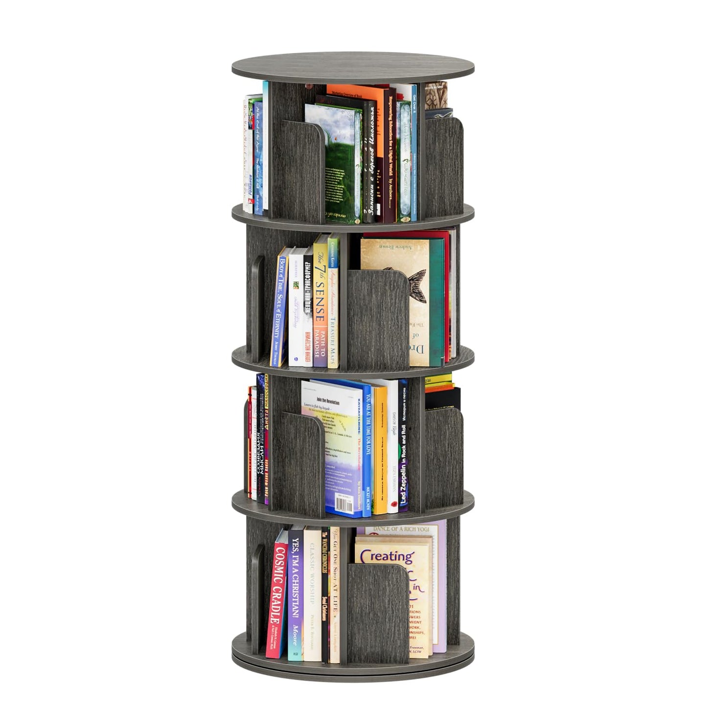 APPOLYN 4 Tier Rotating Bookshelf, 360 Display Spinning Bookcase, Black Oak
