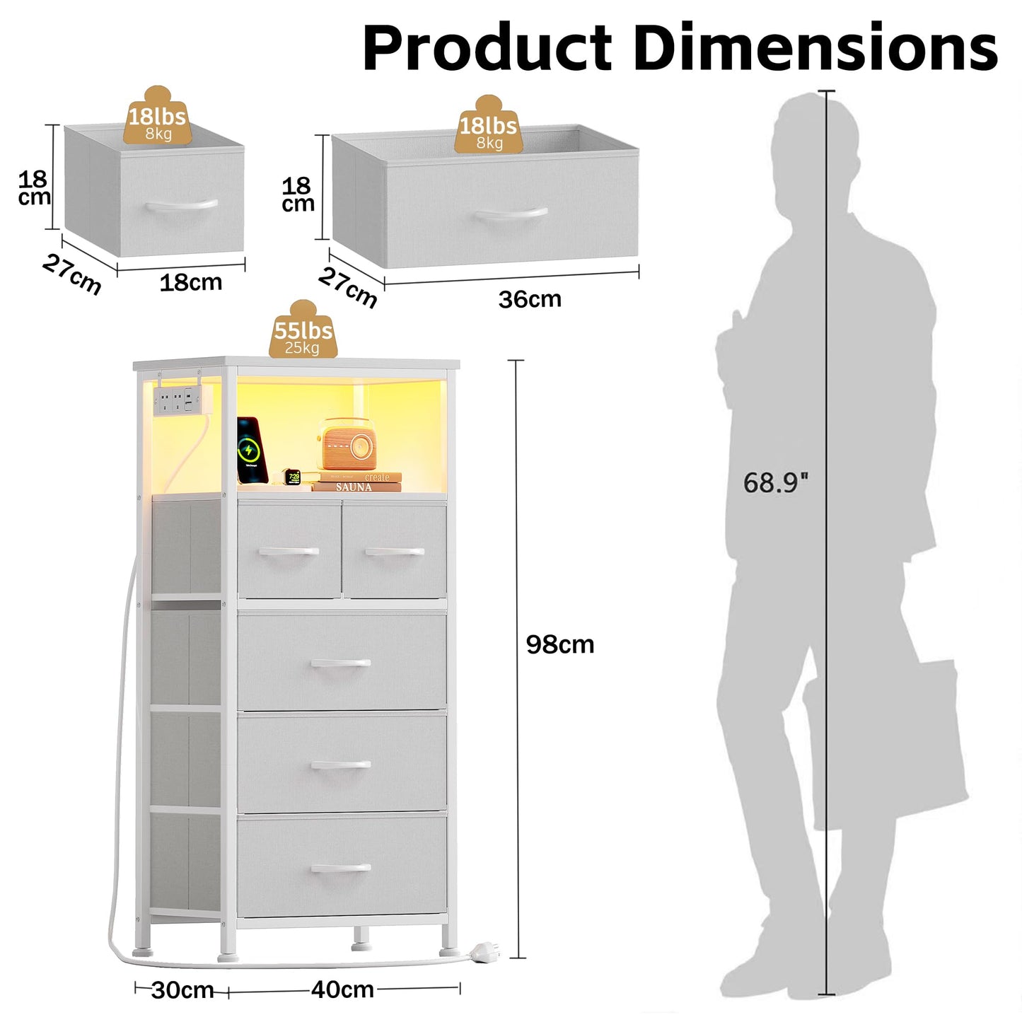 Flrrtenv Bedside Table with LED Light and Charging Station, Bedside Cabinet with 5 Fabric Drawers and Shelf, End Table with Plug for Bedroom