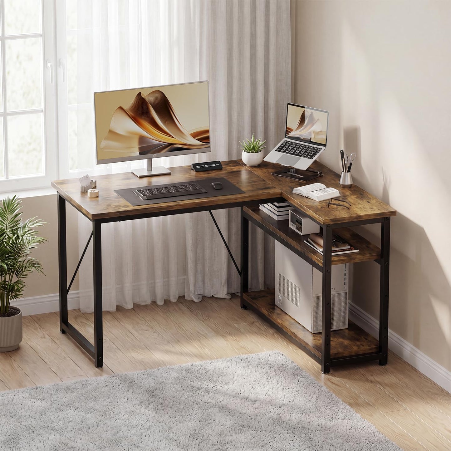 JUMMICO Small 100x80cm L-Shaped Corner Desk with Storage,Compact Corner Computer Desk for Home Office, Brown