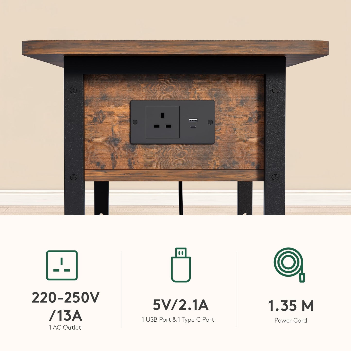 Side Table with Charging Station, Small Flip Top Narrow Sofa End Table