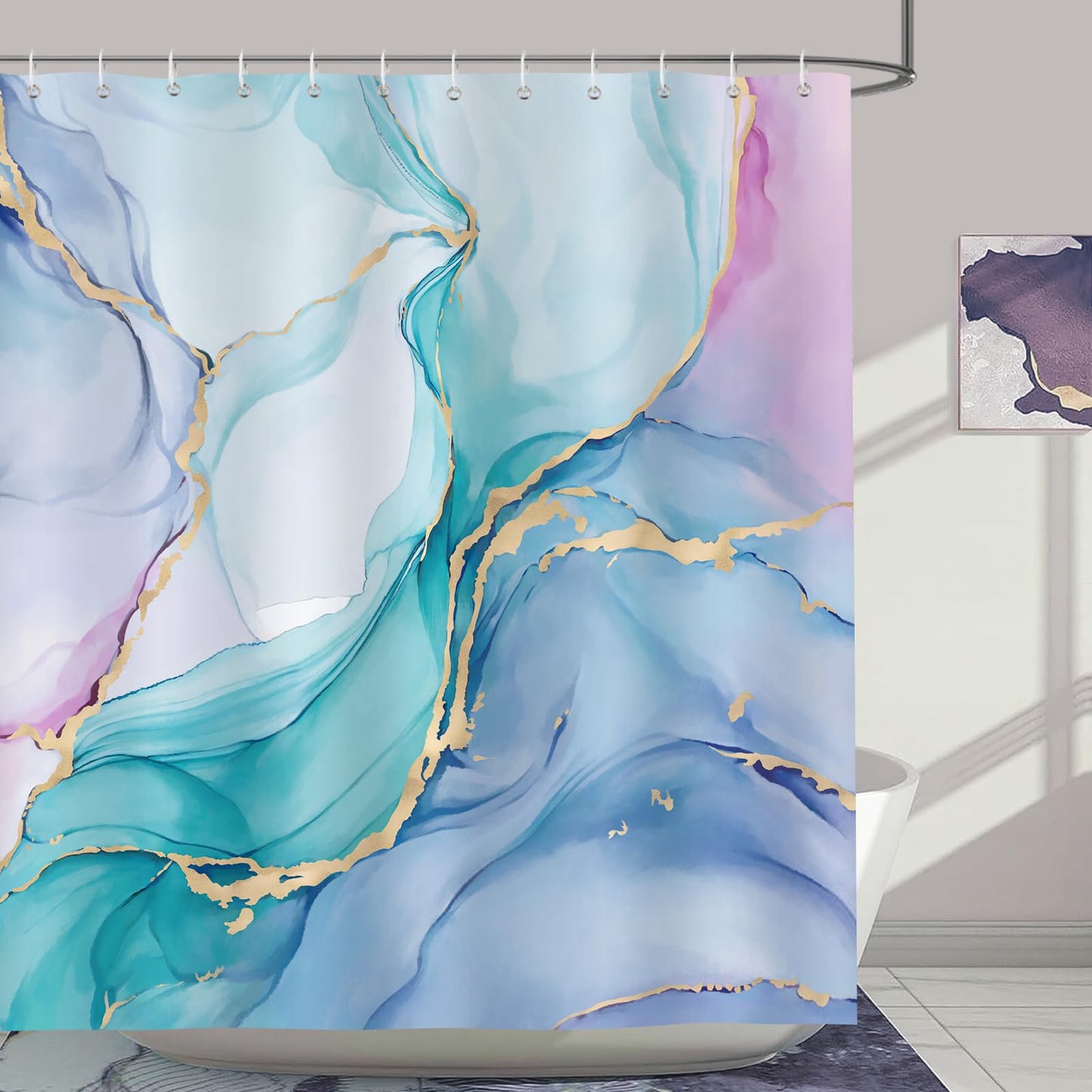 Bonhause Colorful Marble Shower Curtain Pink Purple Blue Turquoise Watercolor Abstract Modern Bathroom Curtain 180 x 180 cm Waterproof Mildew & Mould