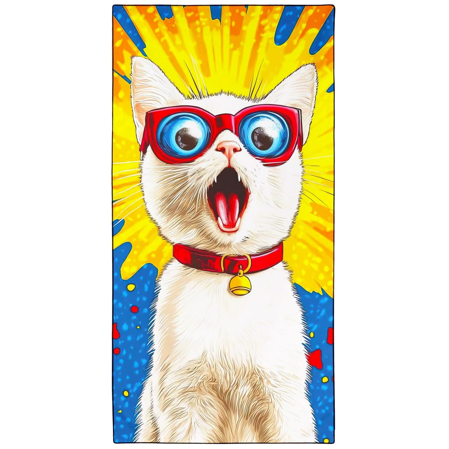 Violetpos Comic Style Glasses White Cat Beach Towel for Kitty Lovers, Extra Large 180x90 cm 250GSM Microfibre, Sand Free Quick Dry