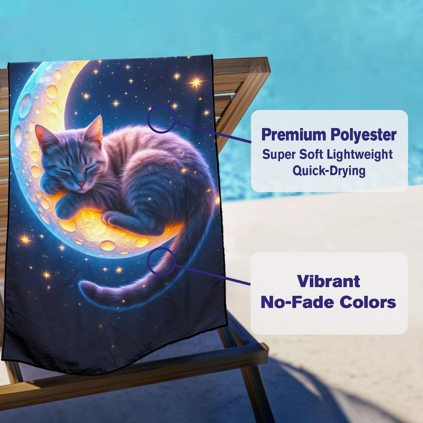 Violetpos Starry Moon Grey Cat Beach Towel for Kitty Lovers, Extra Large 180x90 cm 250GSM Microfibre, Sand Free Quick Dry