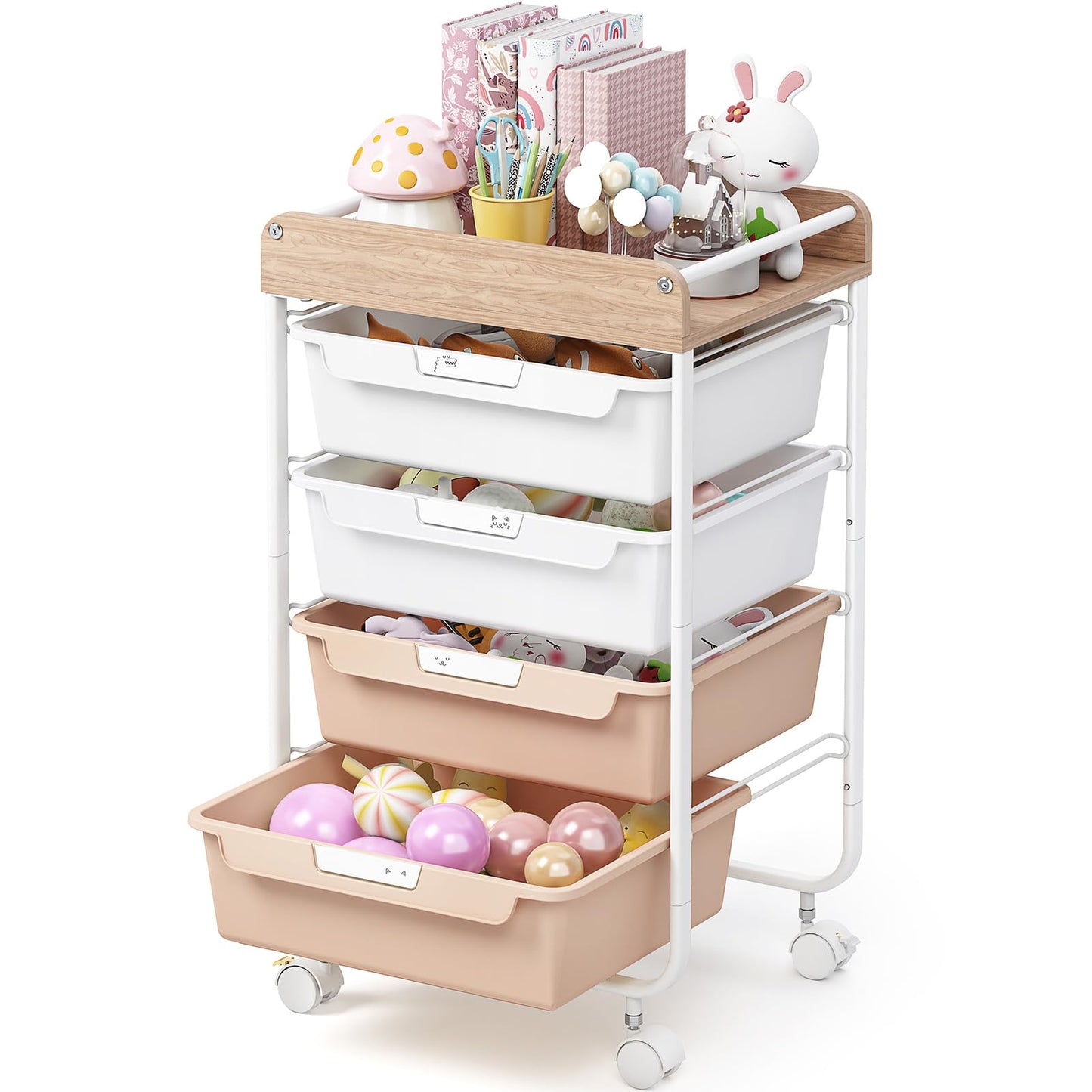 SYKIARIOL 4-Drawer Storage Trolley Rolling Cart, Pearl