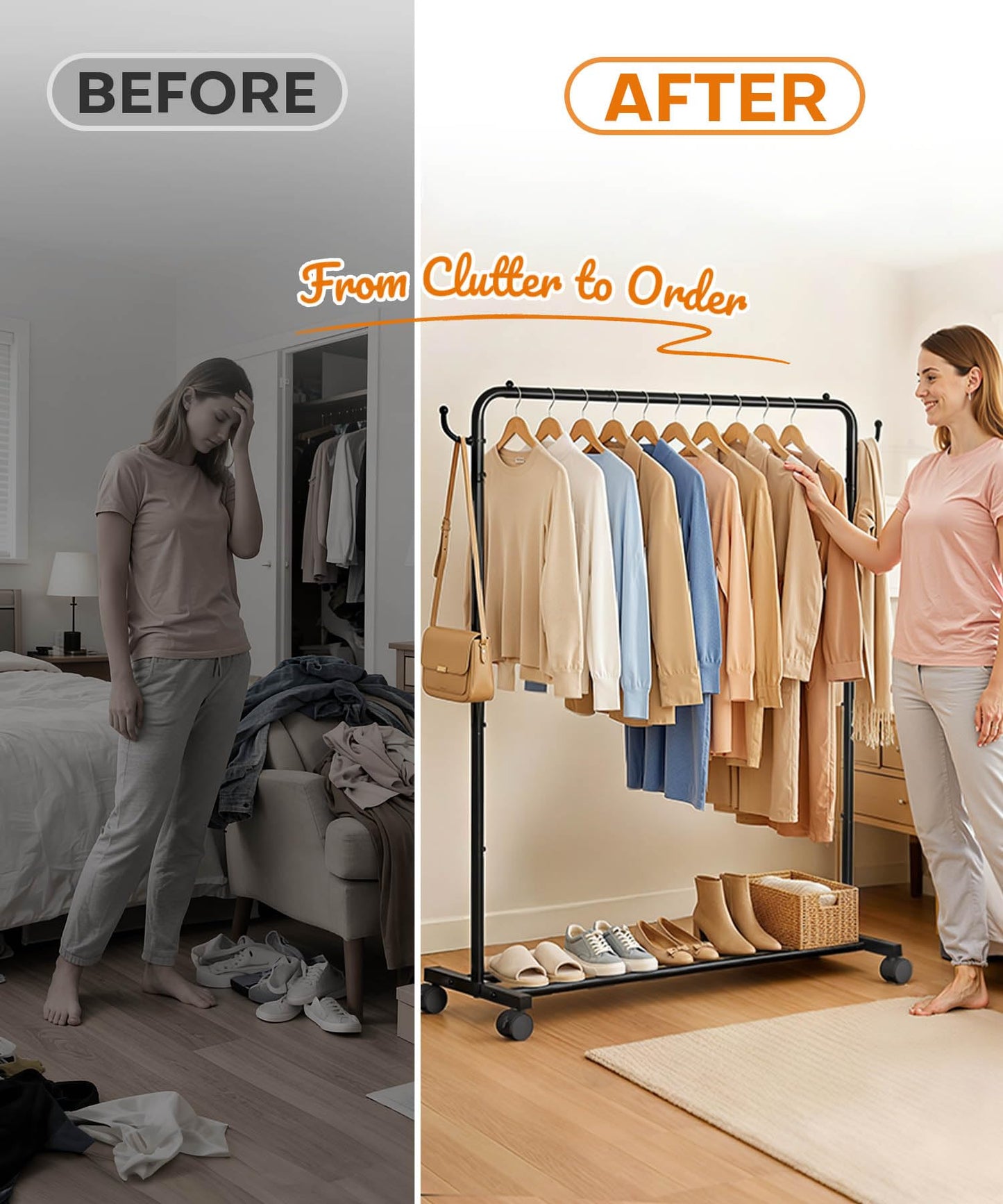 Yorbay Portable Clothes Rack for Bedroom: 4 Lockable Wheels Move Rooms