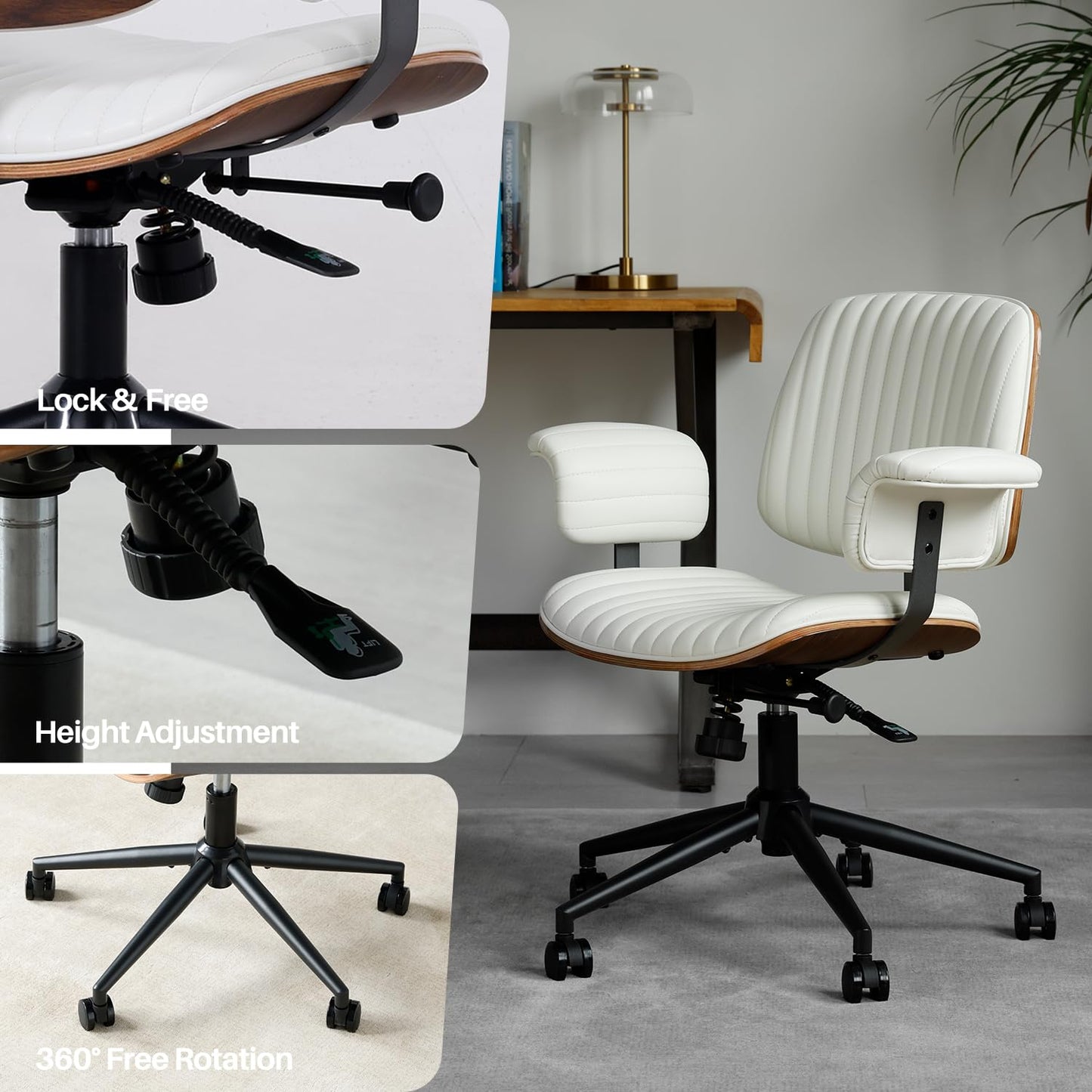 PELLEBAR Home Office Desk Chair, Mid-Century Executive PU Leather Chair with Padded Armrests, 360° Swivel Ergonomic Task Chair,Adjustable Height