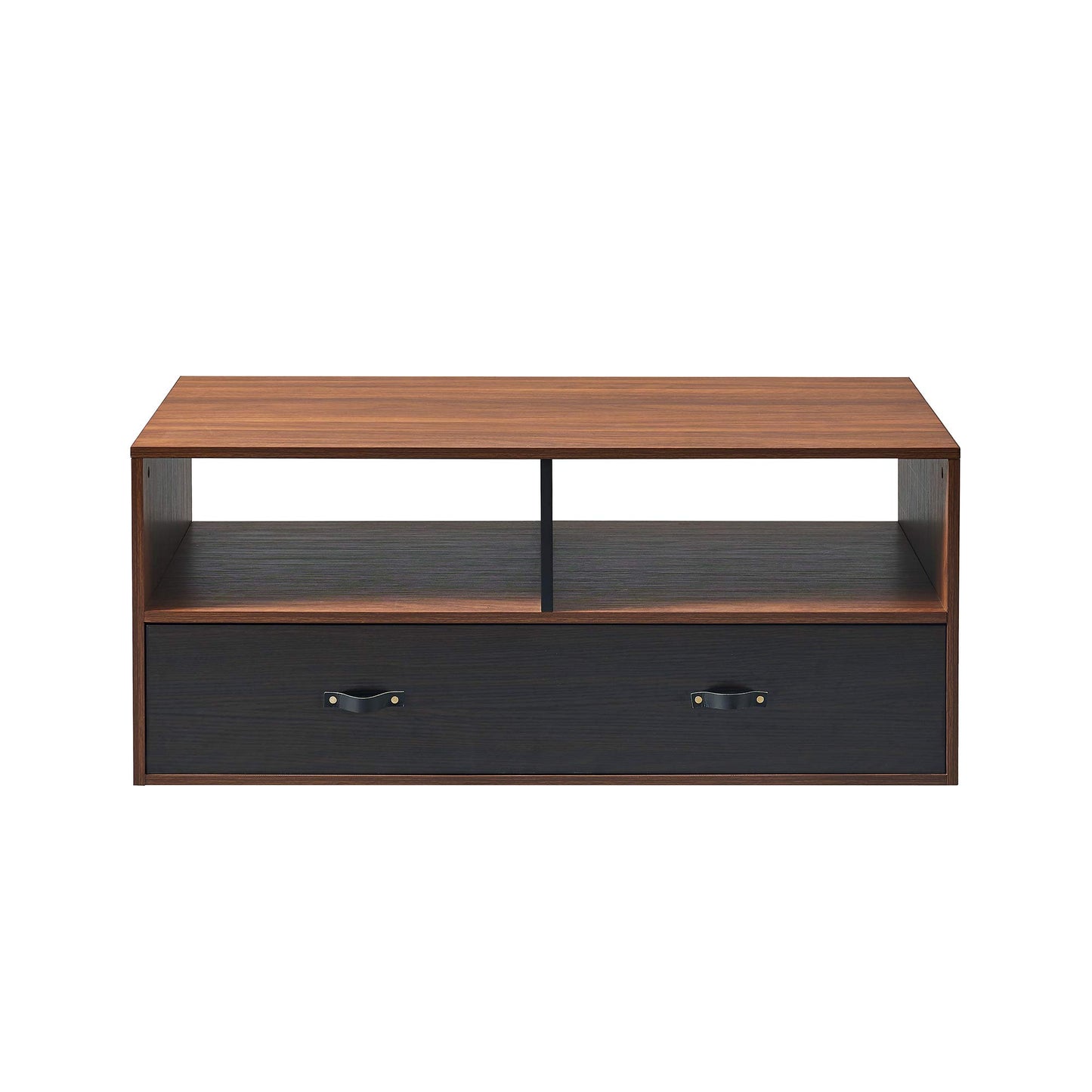 Teamson Home Modern Wooden Rectangular Coffee Table with Drawers and Storage with Leather Handle, Multi Function Coffee Table or TV Stand, Brown/Black
