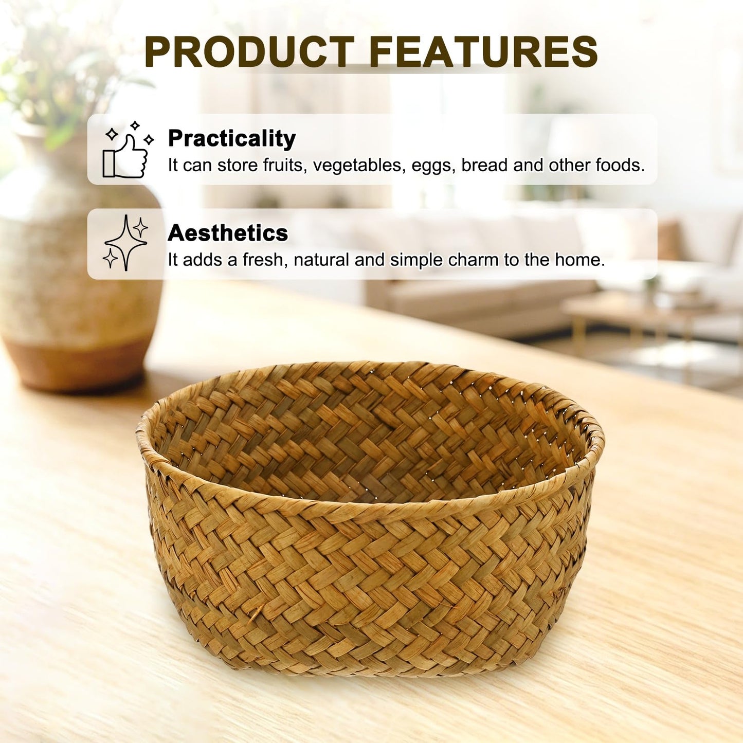 M METERXITY 3-Pack Natural Seagrass Woven Storage Basket, Small Round Storage Seaweed Woven Sundries Baskets for Fruit/Kitchen/Desktop/Household
