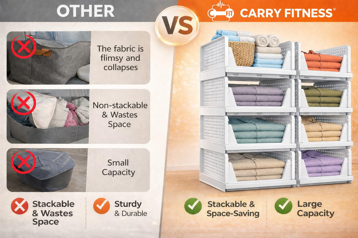 Carry Fitness 4 Pack Foldable Wardrobe Storage Organiser | Space Saving Foldable Drawer For Bedroom, Kitchen & Office