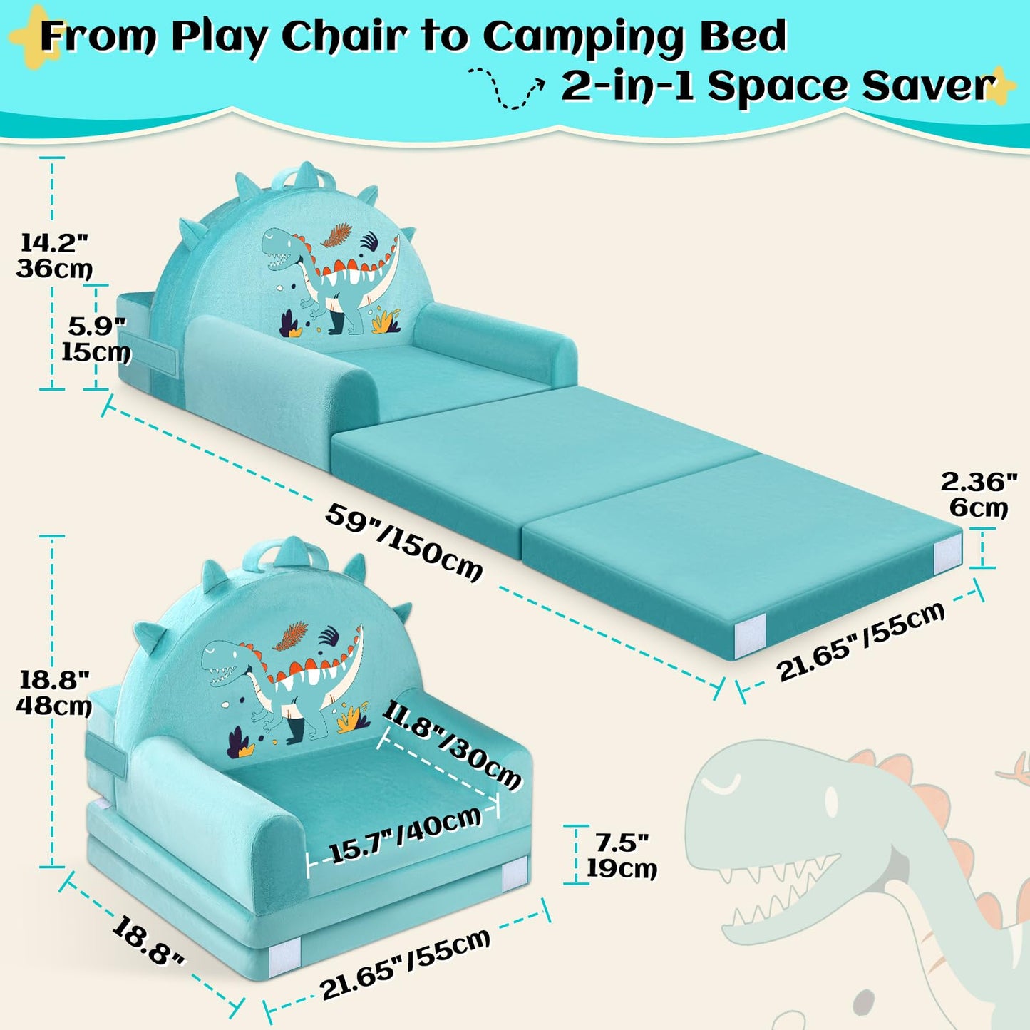 JUOIFIP Dinosaur Kids Sofa Bed, 2-in-1 Kids Folding Chair, 150cm Soft Crystal Velvet Toddlers Sofa Bed for Bedroom Livingroom, Playroom