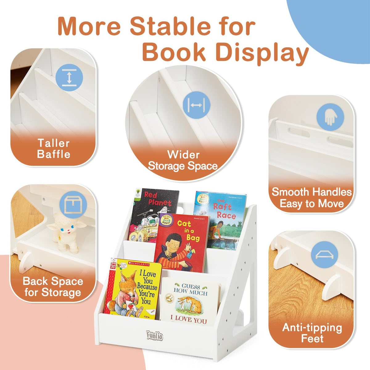 FUNLIO Montessori Kids Bookshelf for 1-5 Years, Premium Pine Childrens Bookcase with Anti-Tilting Device & Handle