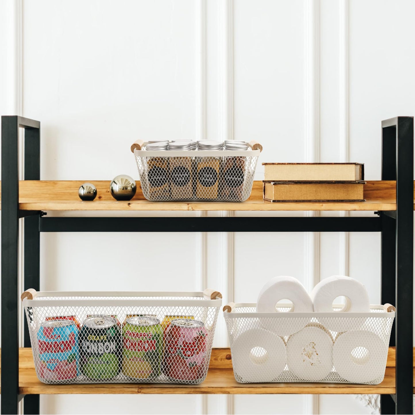 Noamus 3 Pack Metal Mesh Baskets with Wood Handle, Iron Storage Organizer Basket, White Wire Countertop Baskets for Organizing