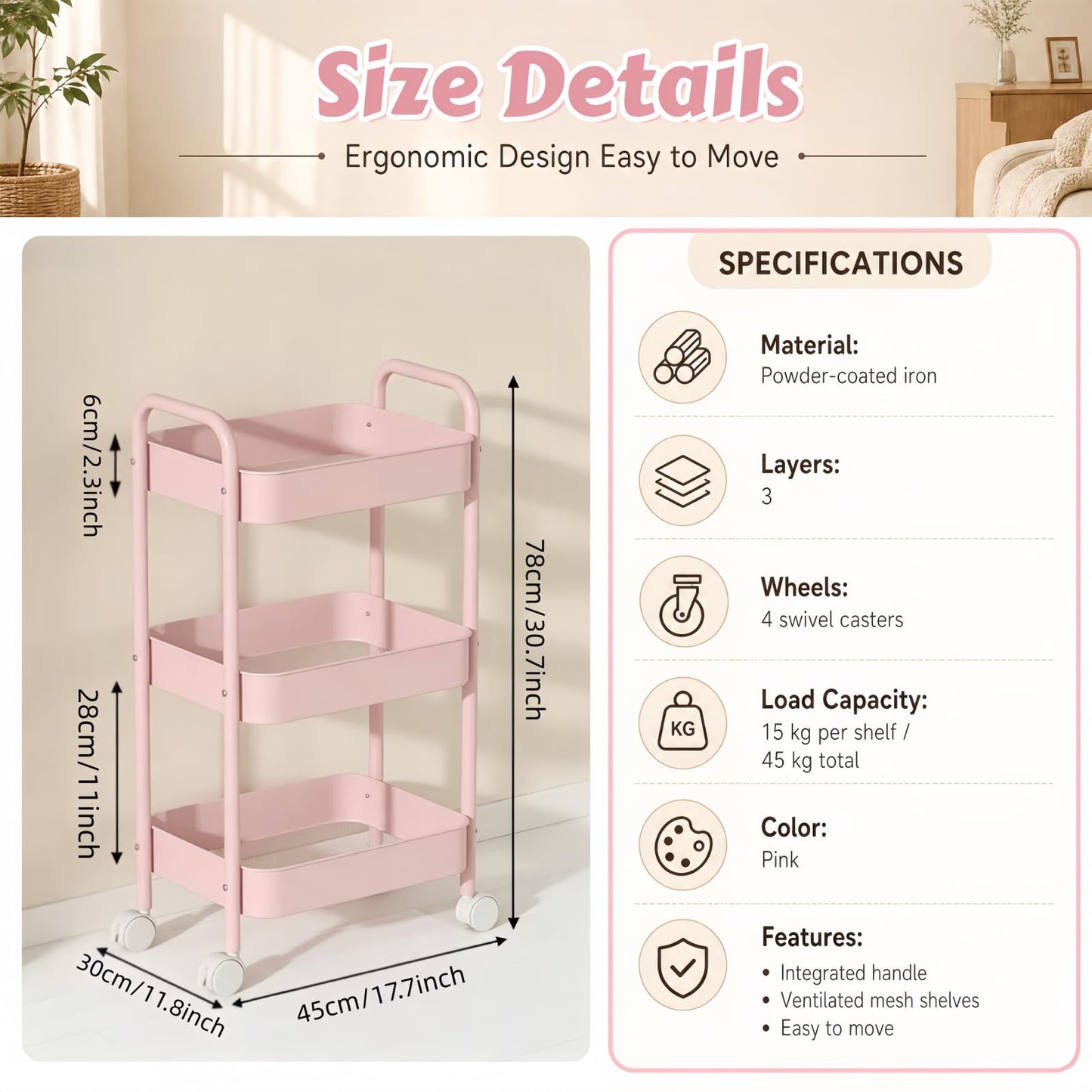 Siocok 3 Tier Metal Storage Trolley on Wheels, Storage Cart, Rolling Utility Cart, Easy Assembly for Home Kitchen, Bathroom Laundry and Office (Pink)