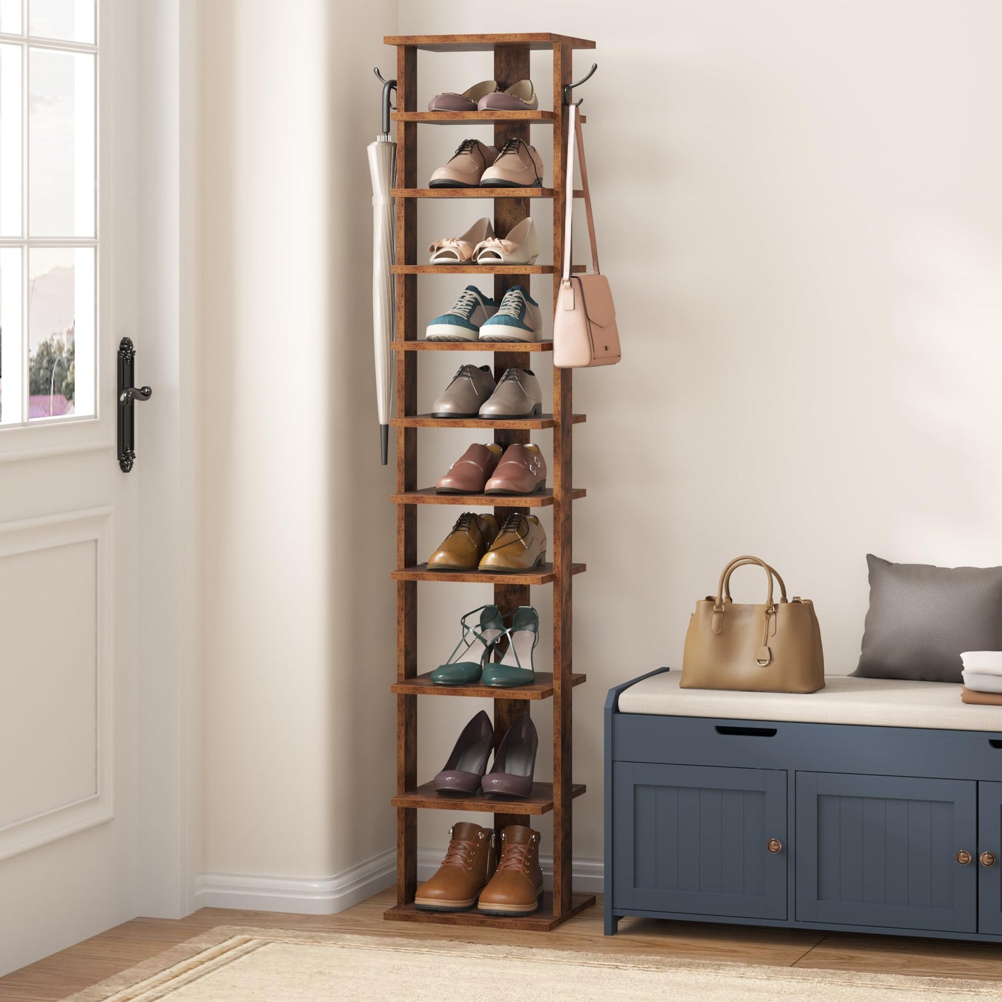 HOME BI 11-Tier Vertical Shoe Rack, Corner Shoe Tower, Slim Shoe Organizer with Two Hanging Hooks, Wooden Shoe Storage Stand for Entryway, Hallway