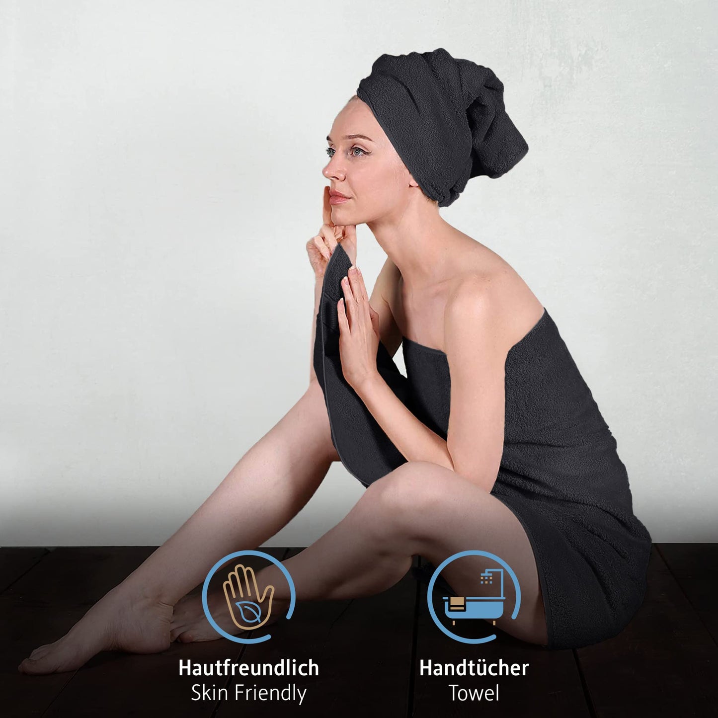 Komfortec Set of 4 Hand Towels 50 x 100 cm 100% Cotton Terry Towelling Soft Black
