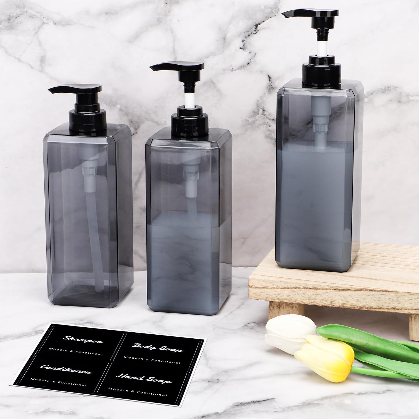 Segus Hand Wash Dispenser, 3 Pieces 800ml Grey Soap Dispenser, Refillable Shampoo Bottles with Pump, Bathroom Bottles with Labels, for Hotel, School