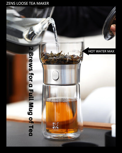 ZENS Modern Solo Tea Infuser Teapot, Smart One Touch Drip Tea Pot for Loose Tea Diffusers, Small Glass Gongfu Magic Teapot with 270ml Insulated Cup