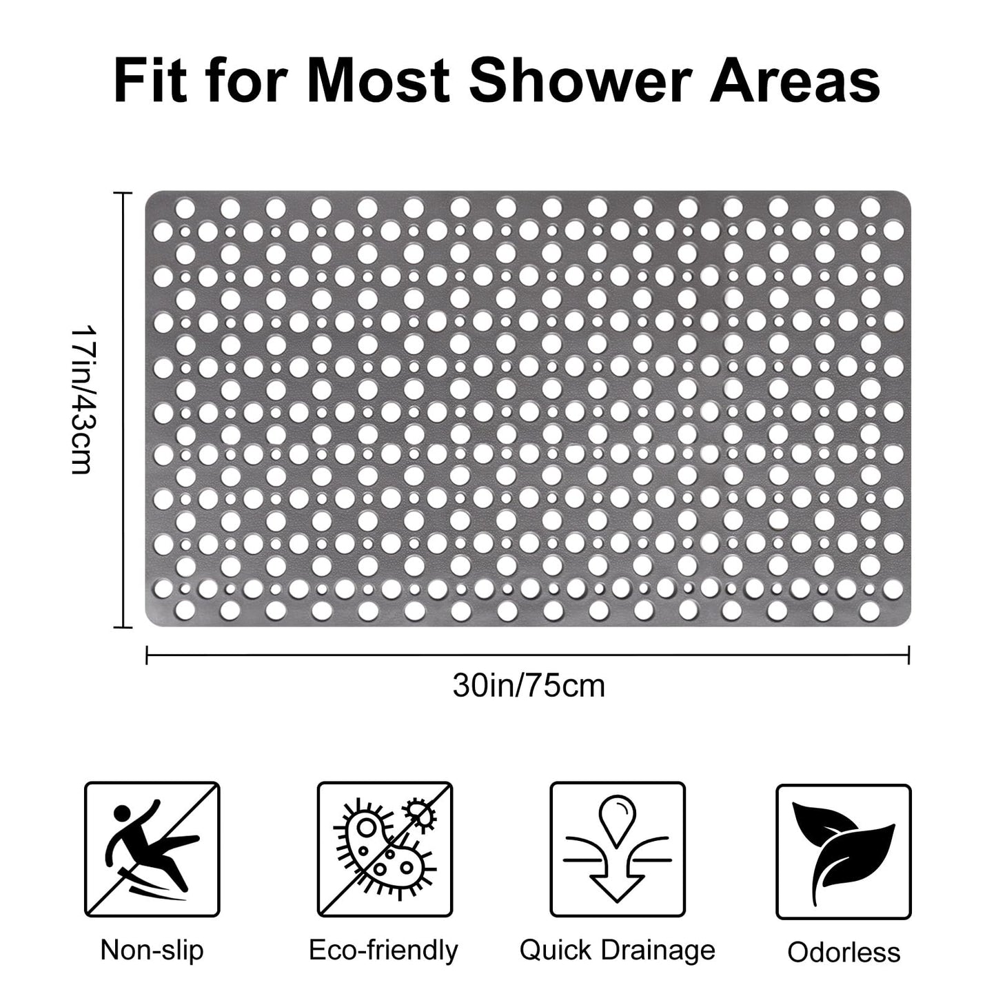 Bathtub Mat and Shower Mat Non Slip: 43 x 75 cm Soft TPE Bath Tub Mat with Suction Cups and Drain Holes, Anti Slip Shower Mats for Inside Shower